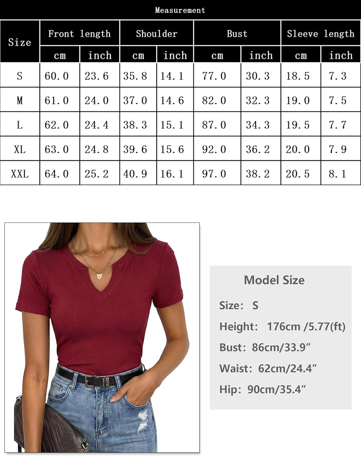 Thumbnail 5 de Gyabnw T‑Shirt Femme Col V Chic – Maille Côtelée, Manches Courtes, Coupe Slim