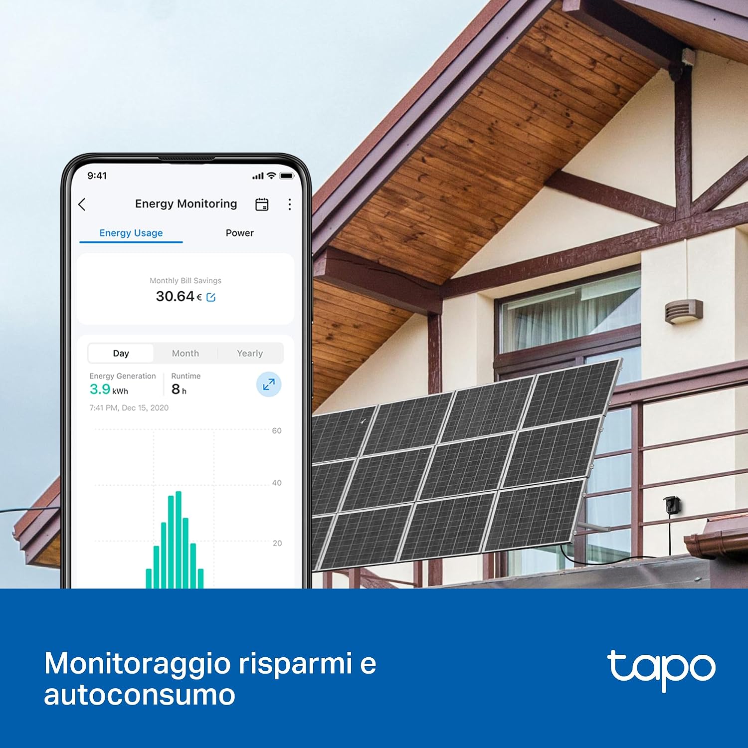 Detalle de Tapo P410M: presa smart esterna con controllo vocale, monitoraggio energetico e gestione da remoto