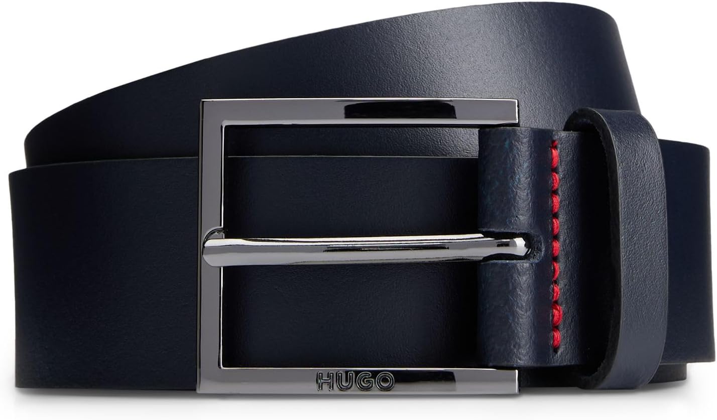 Detalle de HUGO Hommes Geek Sz35 Ceinture en cuir avec boucle logo gravé