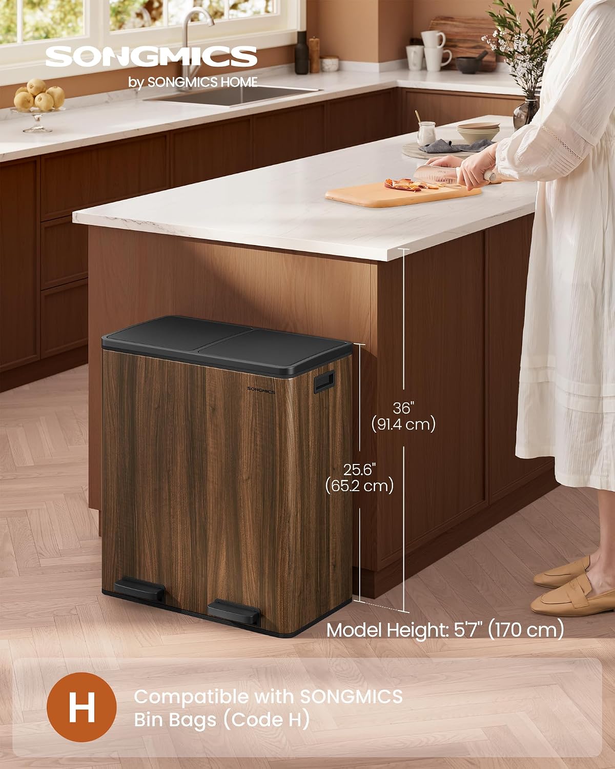Thumbnail 1 de SONGMICS Dual Rubbish Bin (LTB060N02) – 2 x 8 Gallon metal recycling bin with pedals, lids & soft closure