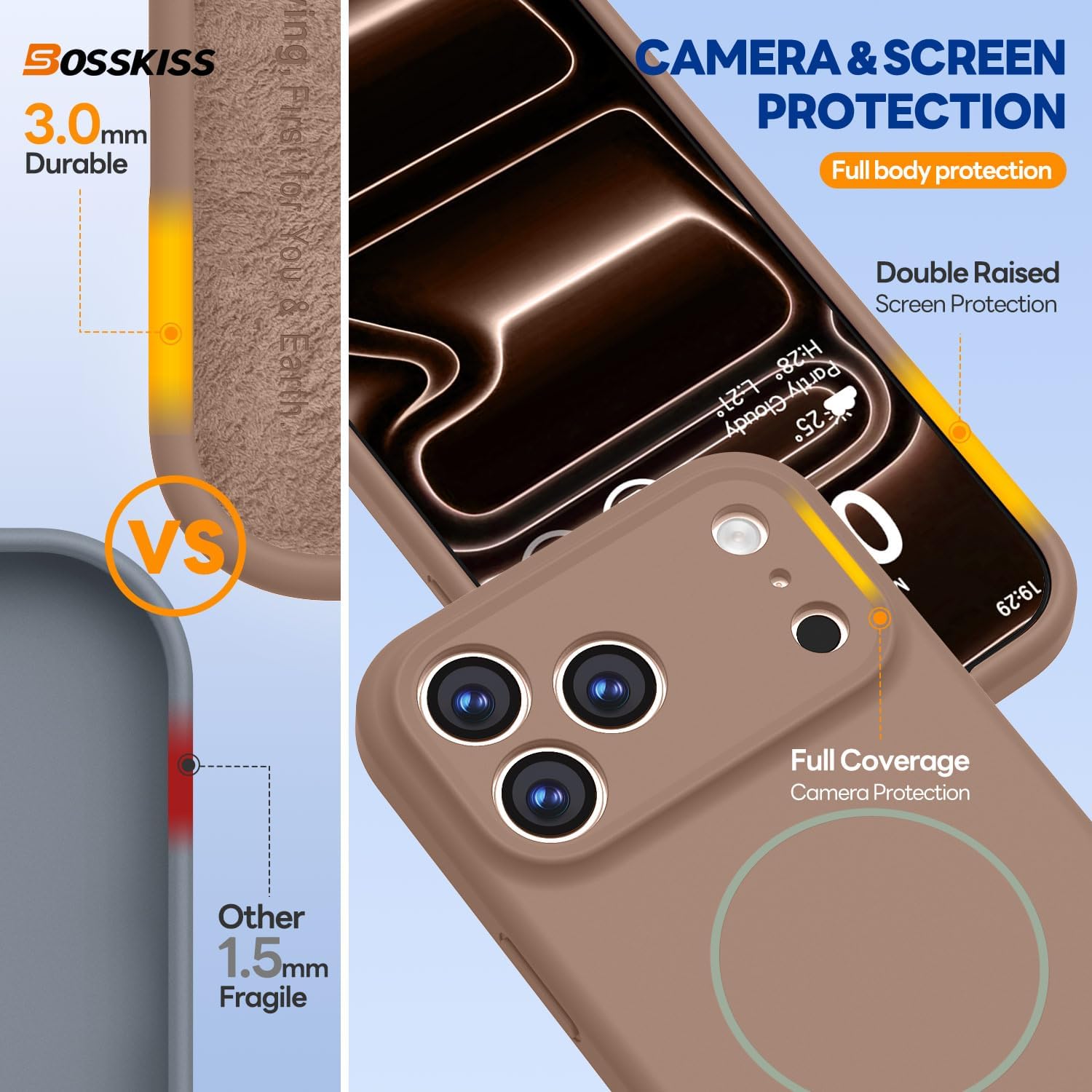 Detalle de BossKiss iPhone 17 Pro Max Silicone Case, Light Brown, MagSafe Compatible