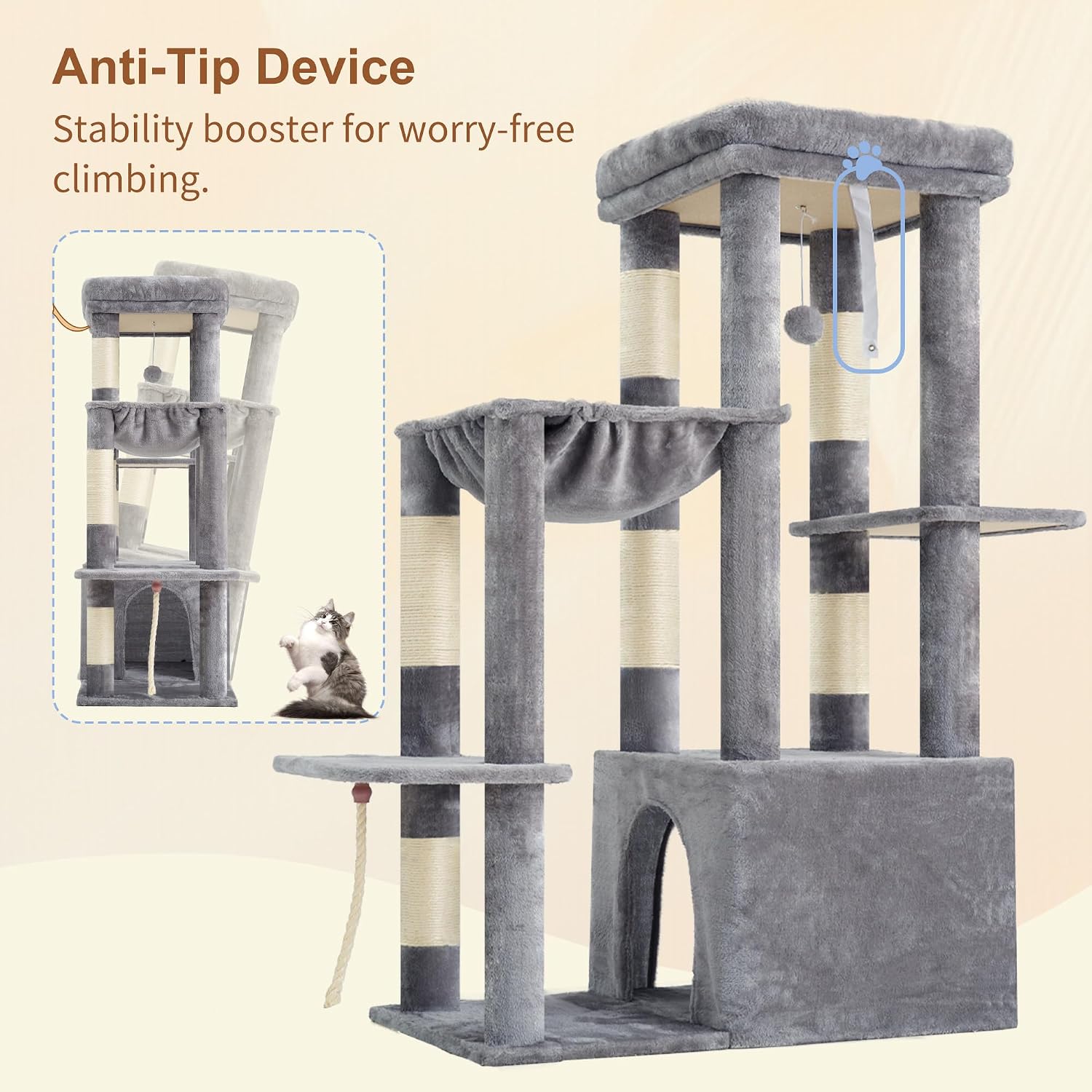 Thumbnail 6 de Heybly Heavy Duty Cat Tree, Tower for Indoor Cats – Large Adult, Tall Cat Condo with Extra-Large Baseboard (HCT026W)