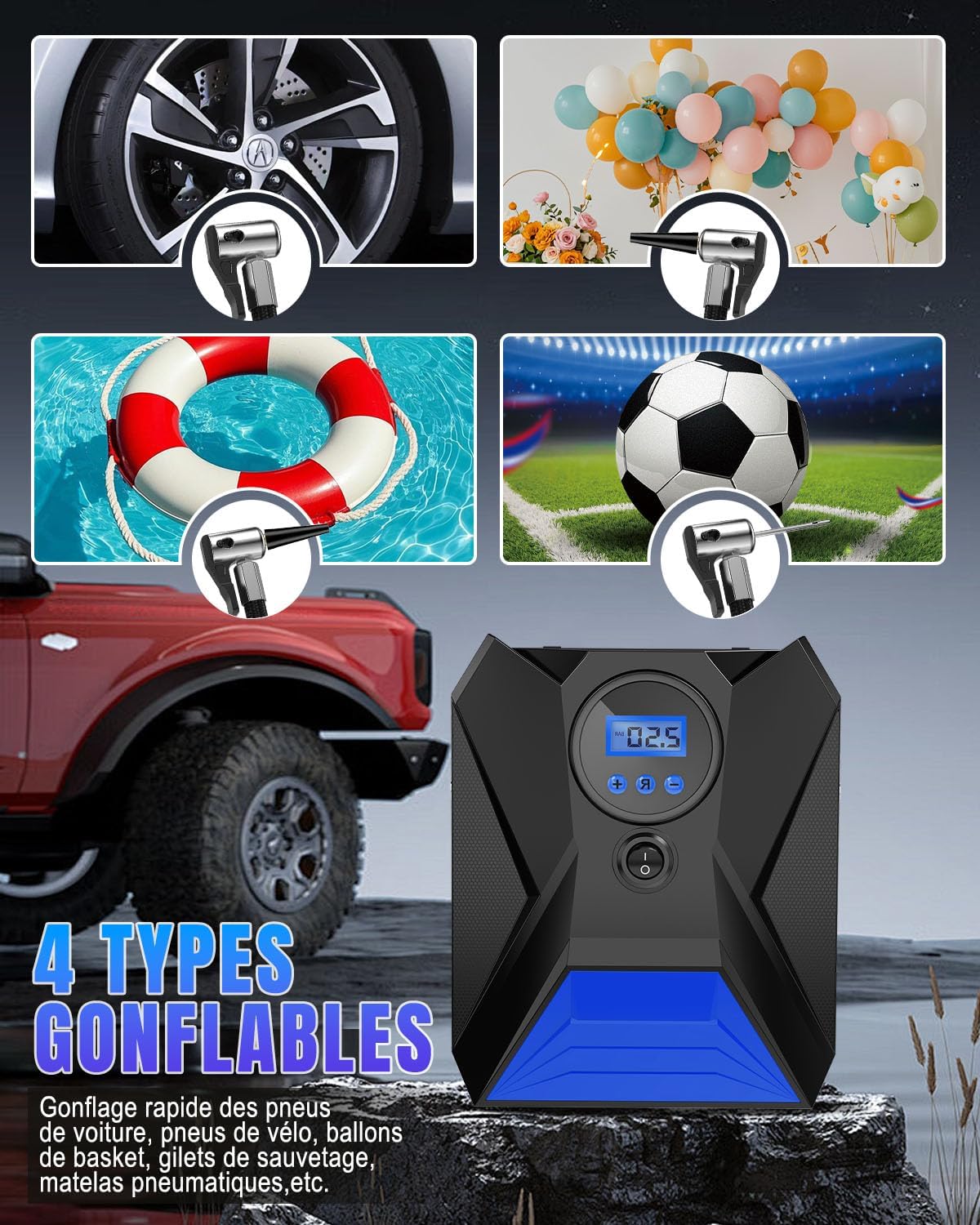Detalle de Onalix Gonfleur Pneus Voiture Portable 12V – Gonflage rapide avec écran LCD et arrêt automatique (Bleu)