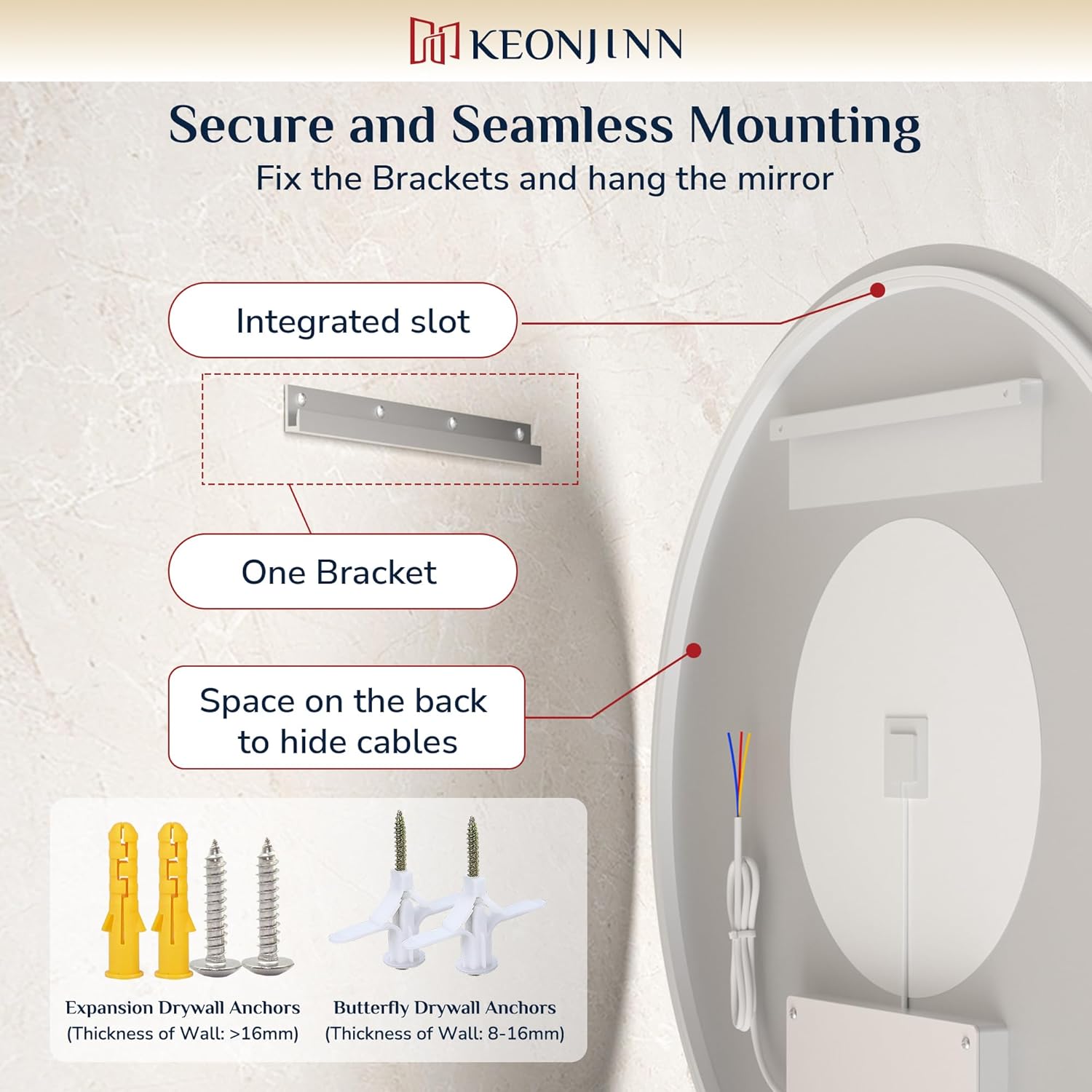 Thumbnail 6 de Keonjinn Badspiegel rund 60 cm mit Beleuchtung, Anti-Beschlag & Touch-Dimmer