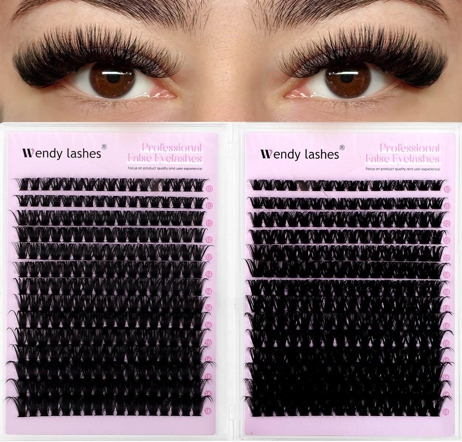 Detalle de WENDY LASHES wimperclusters, 594 stuks, 80D/100D, D-krul, 10–18 mm