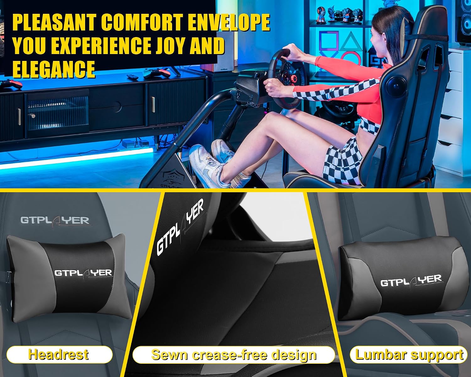 Detalle 1 de GTPLAYER BE-S03-C rijsimulatorstoel voor pc met luidsprekers en verstelbare stuurhouder