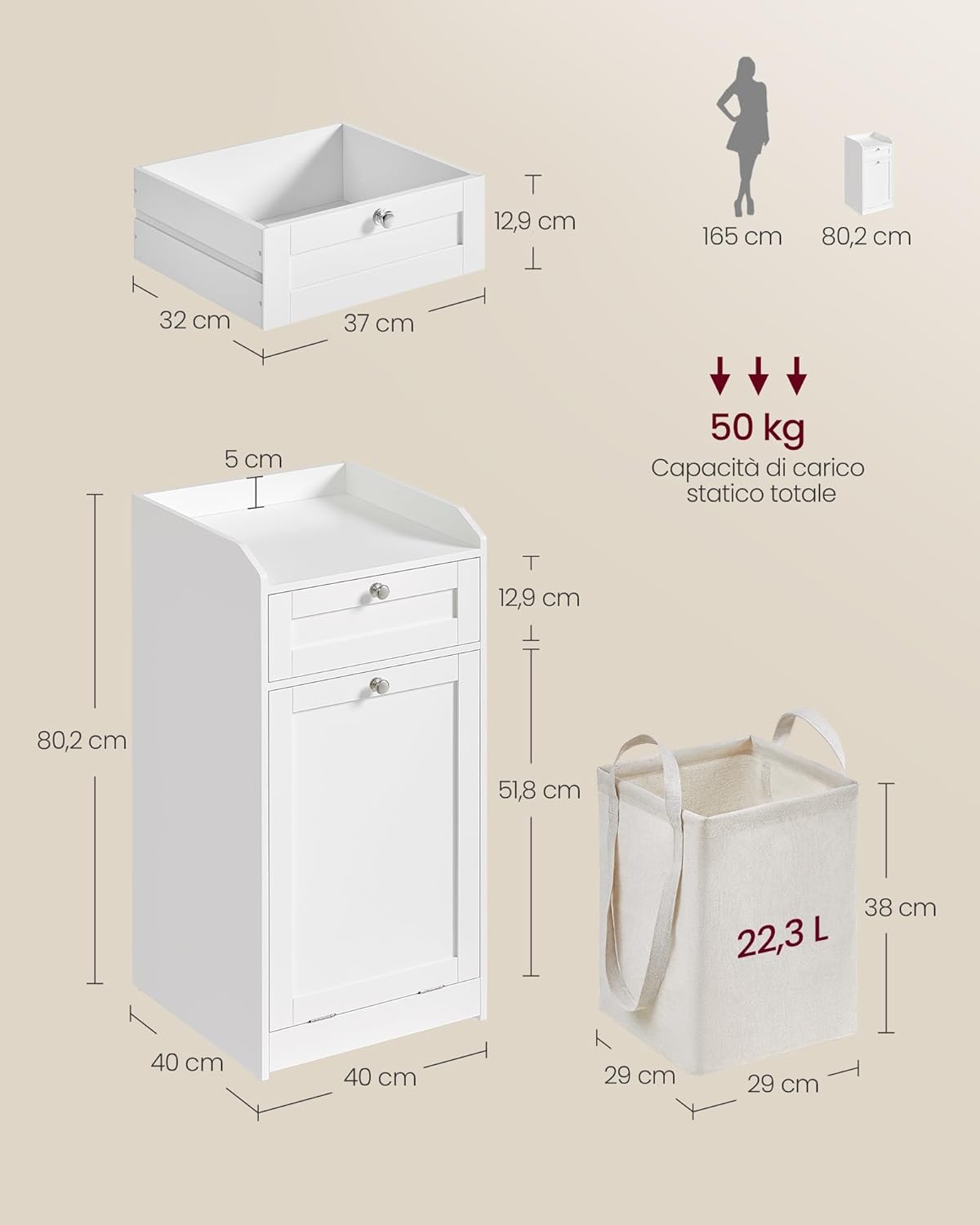Detalle de VASAGLE BBC741W01 mobile portabiancheria per bagno con cassetto e cesto estraibile, 40 x 40 x 80,2 cm