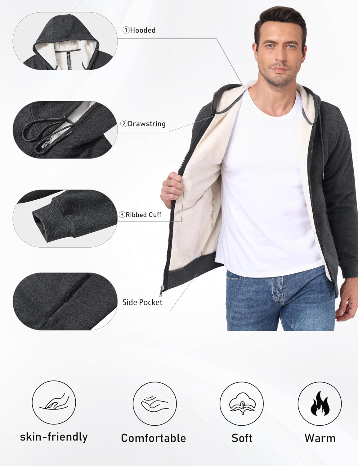 Thumbnail 4 de Veste sweat à capuche en polaire MoFiz pour homme, doublure sherpa et fermeture éclair, M–3XL