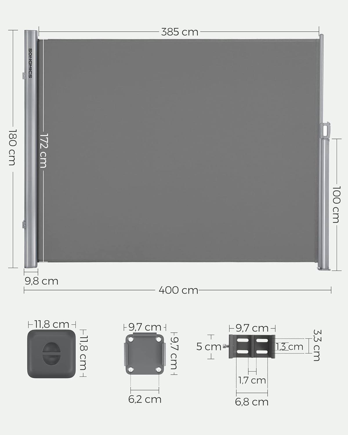 Thumbnail 2 de SONGMICS Alu-Seitenmarkise 180 x 400 cm Grau