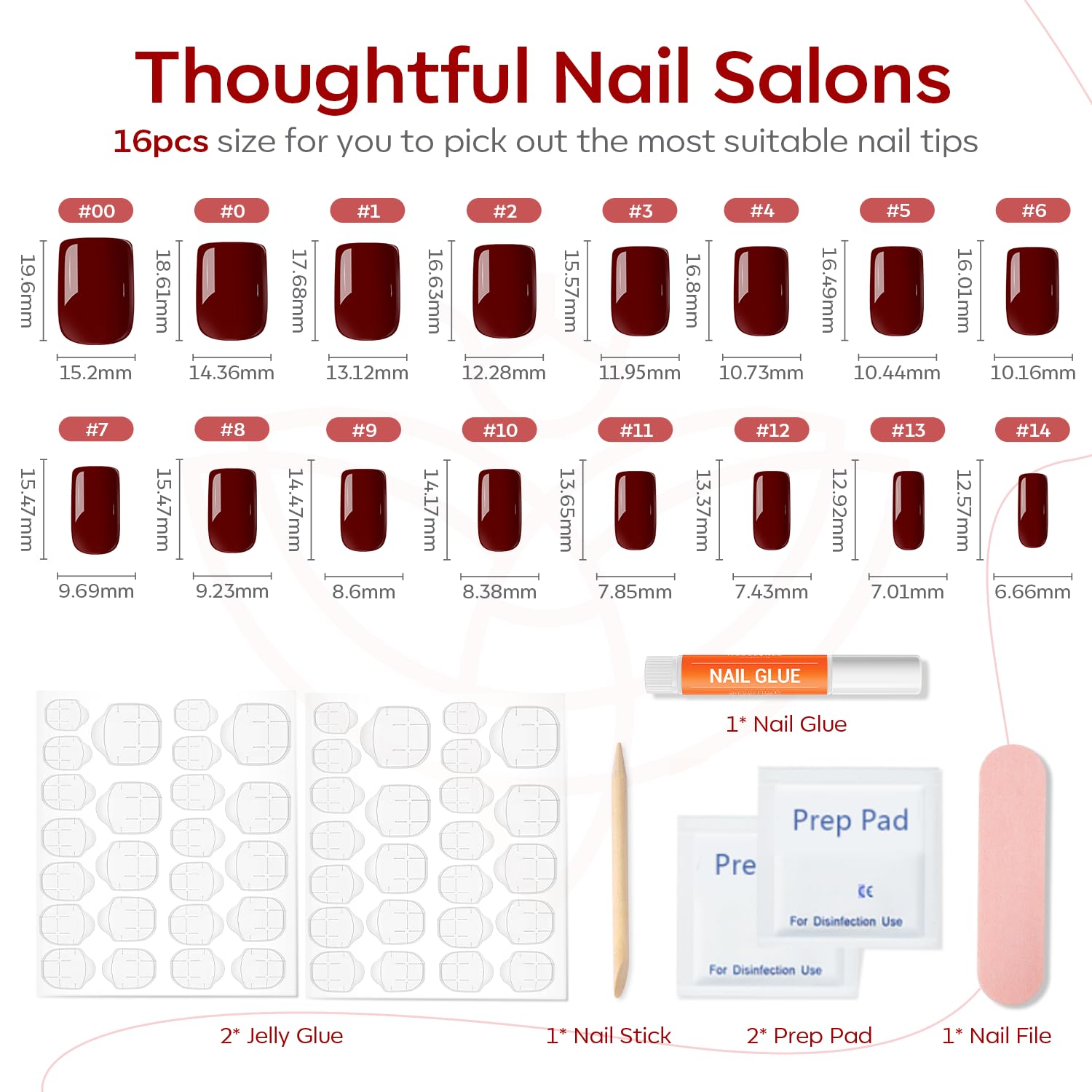 Thumbnail 3 de Modelones Dark Red Short Square Press-On Nails – 32-Piece Kit (16 Sizes) with Glue, Tabs & Tools
