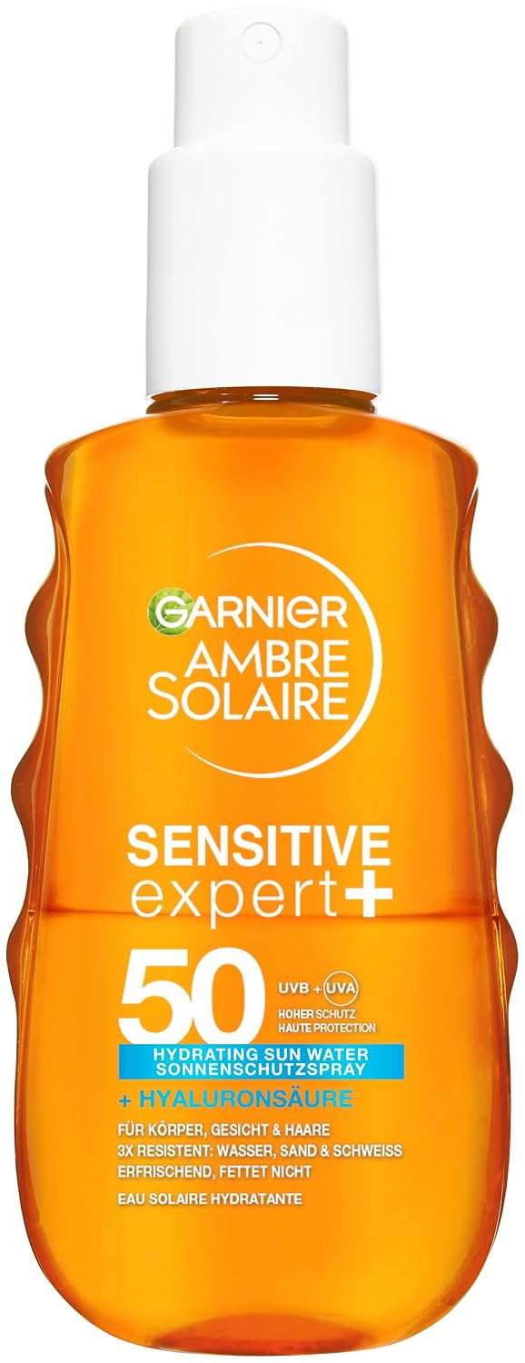 Detalle de Garnier Ambre Solaire Sensitive Expert + Hydrating UV Water Spray SPF 50 – Wasserfest, sandresistent, nicht fettend – 150 ml