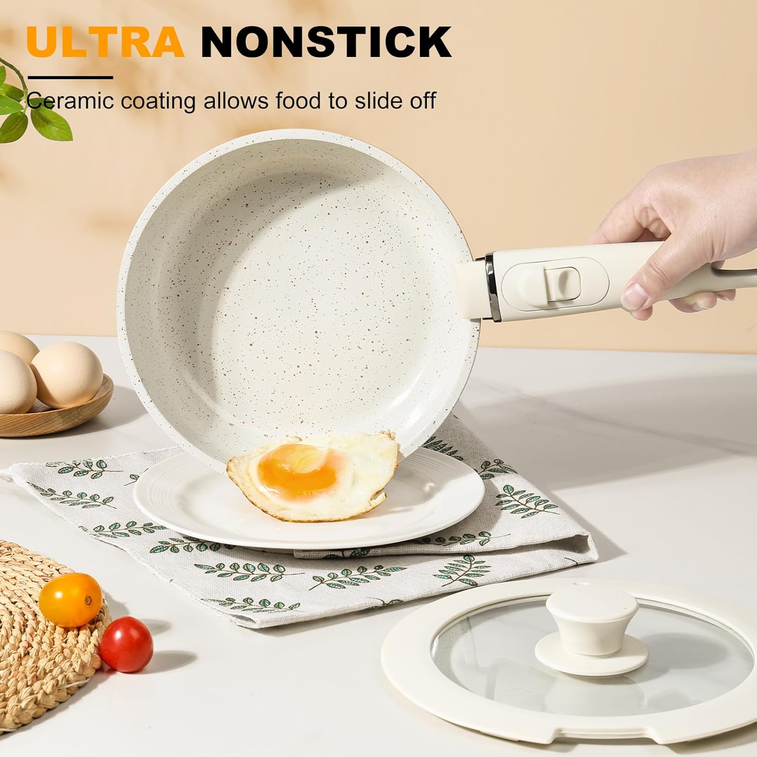 Thumbnail 2 de Tibbicc 20-Piece Ceramic Nonstick Pots and Pans Set with Detachable Handle (White)