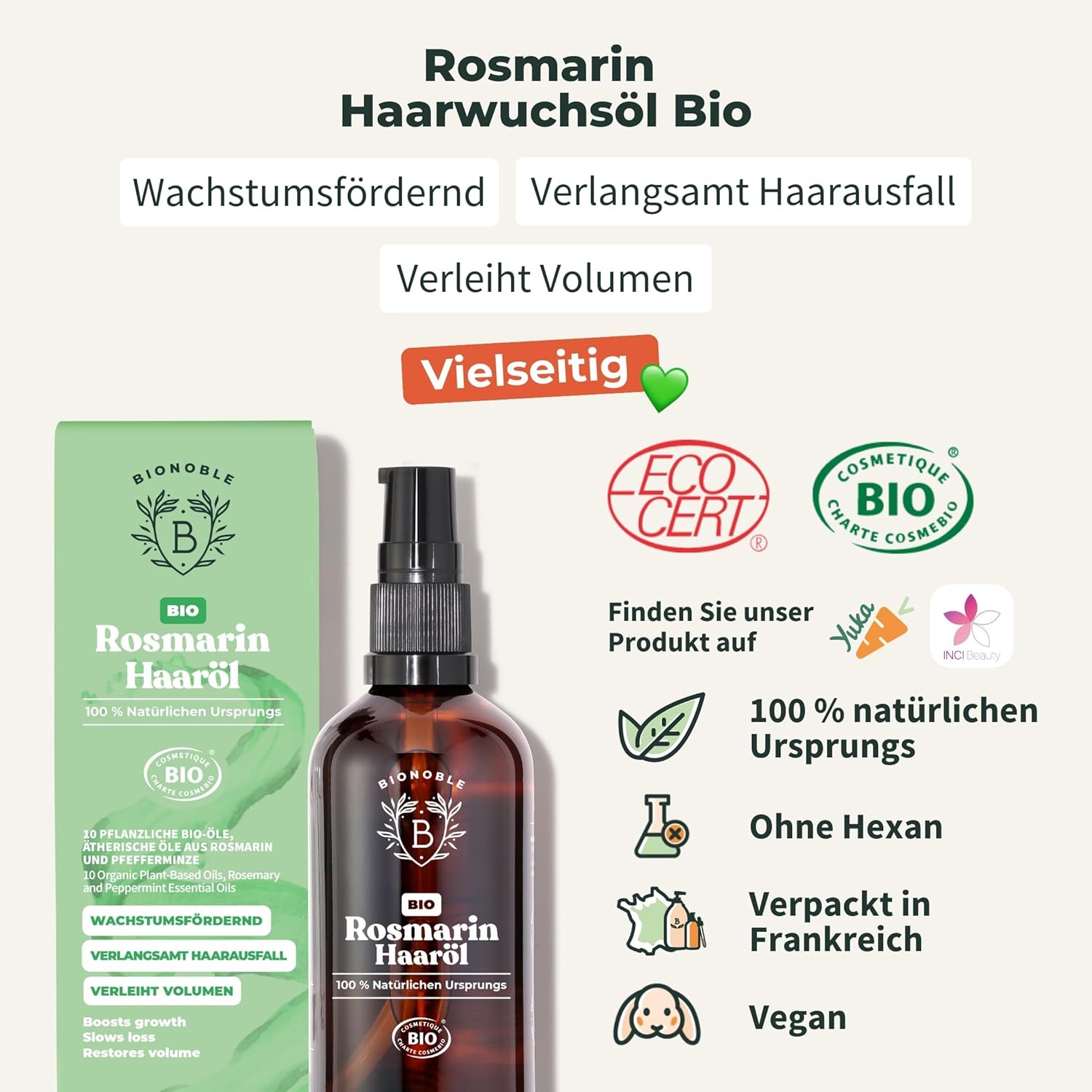 Detalle de BIONOBLE Rosmarinöl Haare Bio – Öl für Haarwachstum und Kopfhaut, 100 ml
