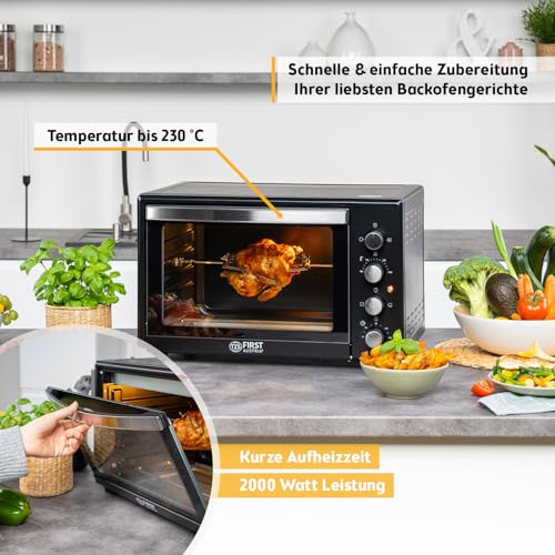 Detalle de TZS First Austria Minibackofen 45L 2000W – Pizzaofen mit Drehspieß, 230°C, Umluft, X-Coating & umfangreichem Zubehör