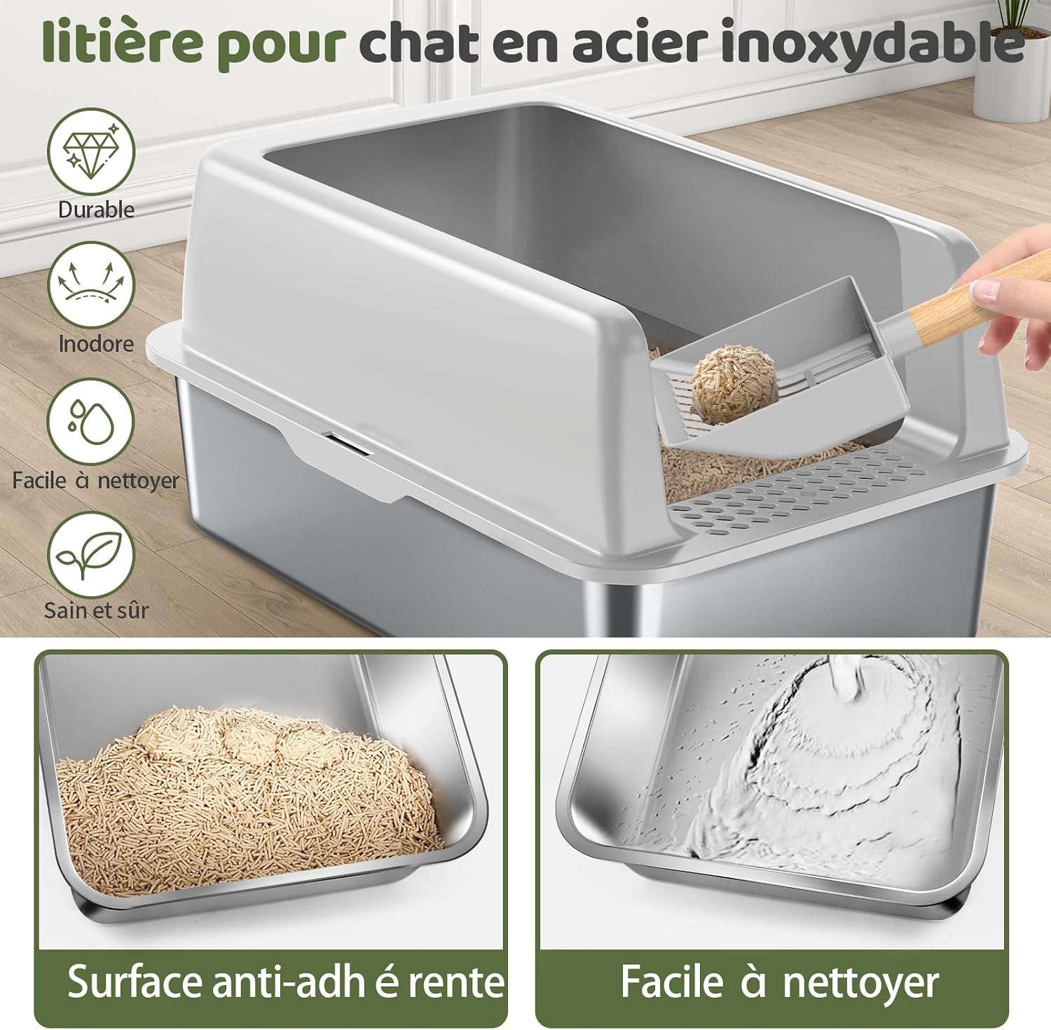 Thumbnail 3 de Gimars XXL Bac à Litière INOX 37L pour grands chats