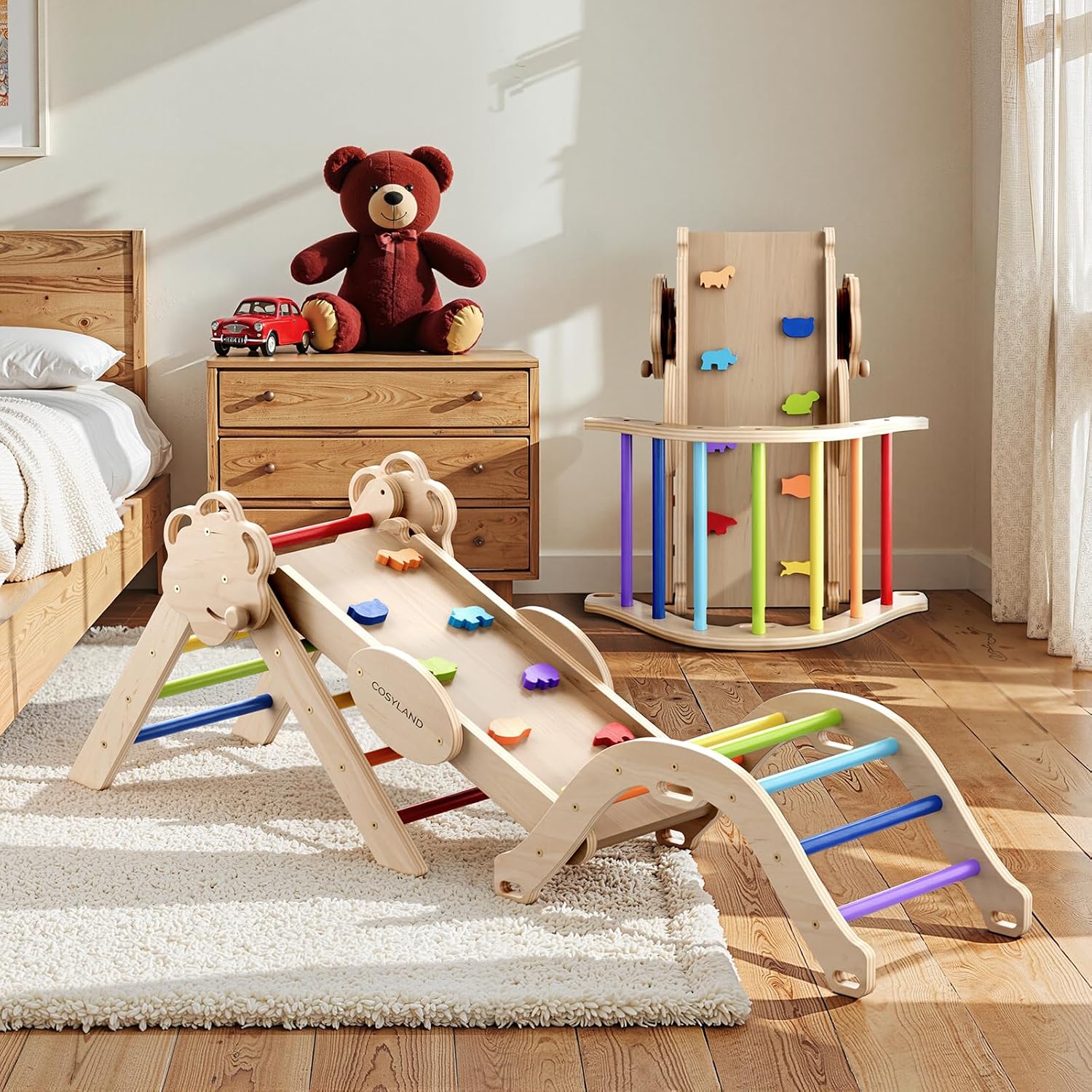 Detalle de COSYLAND 8-in-1 Montessori Klettergerüst Holz ab 18 Monate – Kletterdreieck mit Rutsche & Kletterbogen, Natur