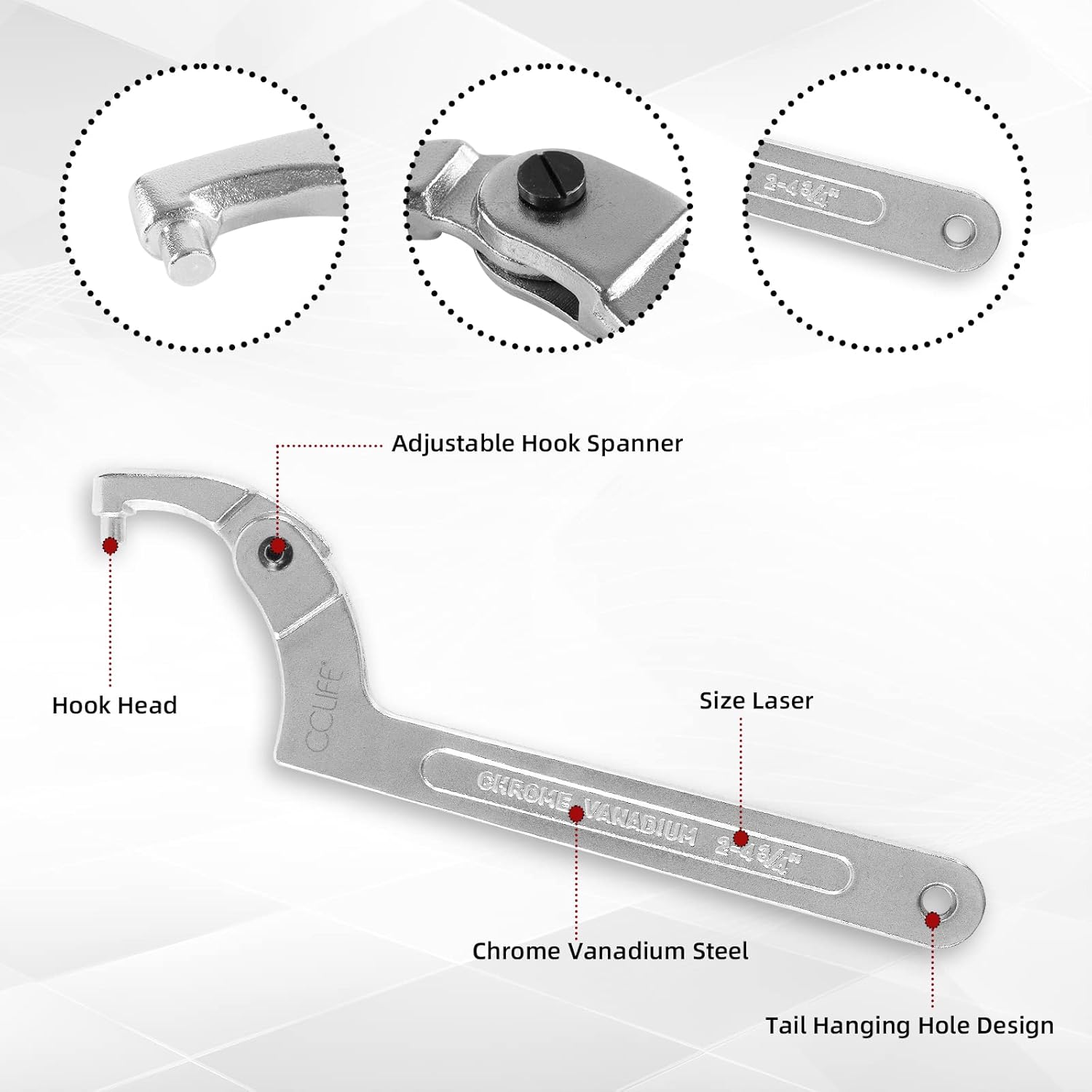 Detalle de Clé à ergot articulée CCLIFE 4 pièces pour écrous à encoches latérales – CR-V 19-170 mm