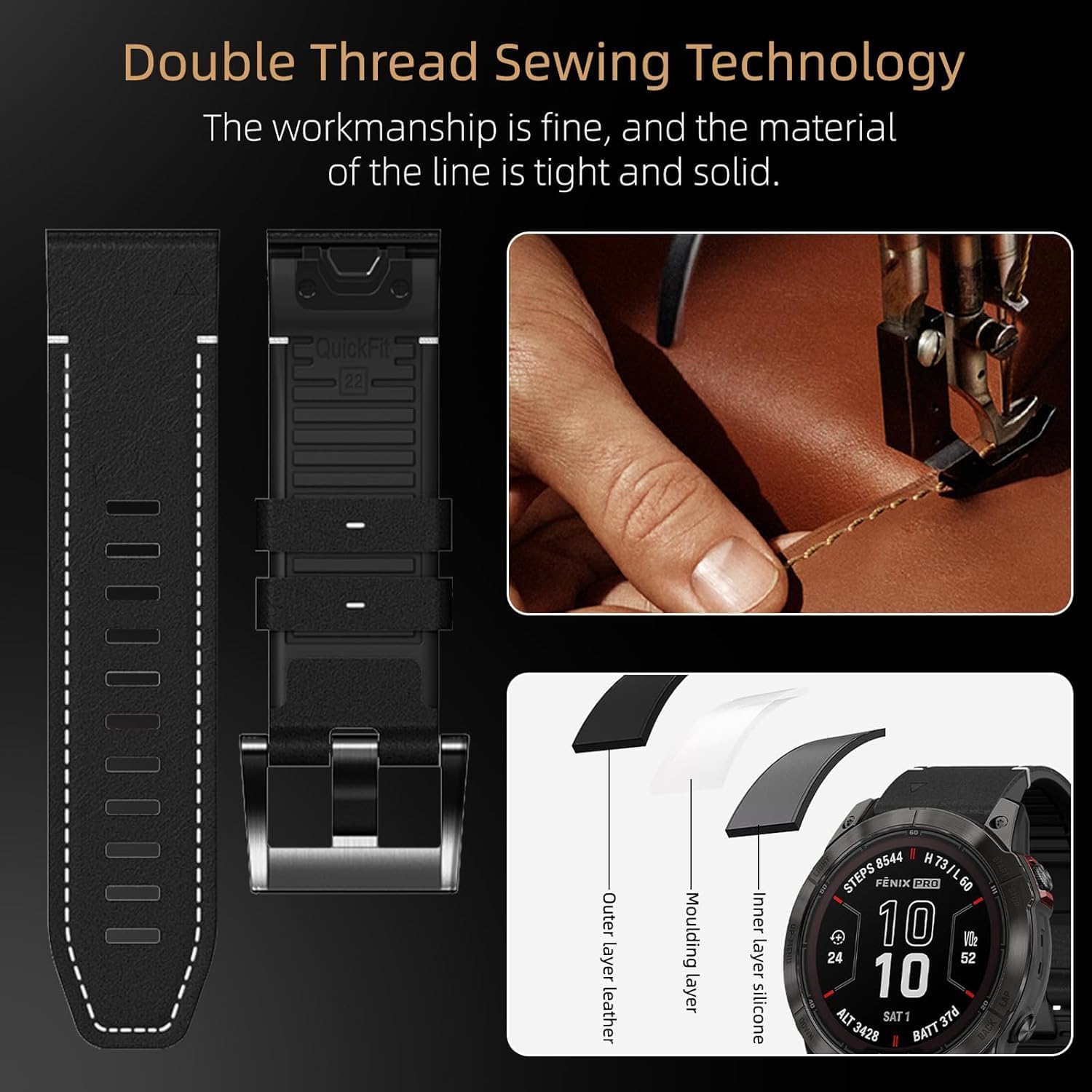 Detalle de LanQii 22mm QuickFit Leder+Silikon Armband für Garmin (Tactix 8 47 mm, Fenix 7/8 & mehr) – Schwarz