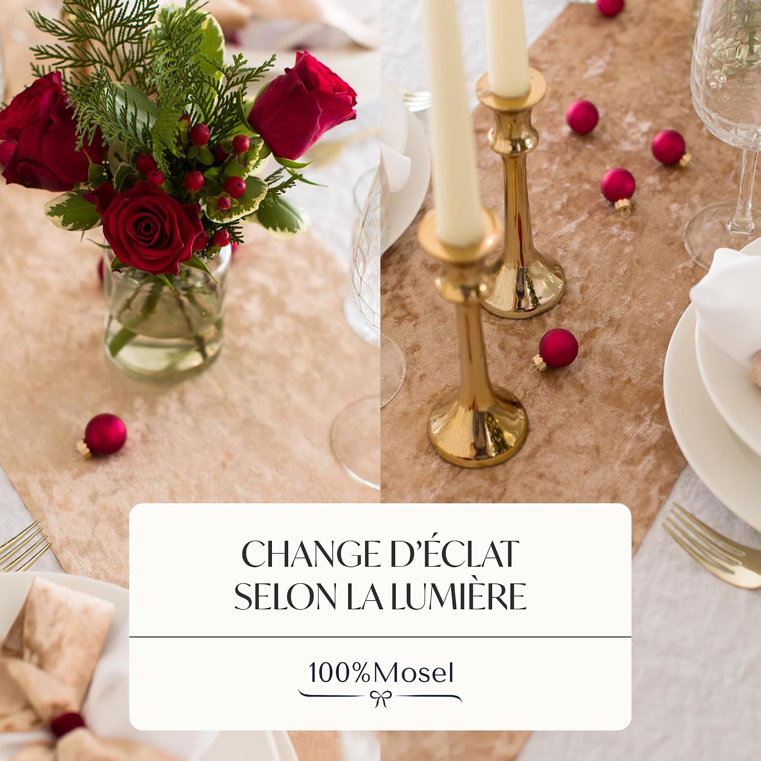 Detalle de 100%Mosel Chemin de table en velours beige doré (28 cm x 5 m) – Velours brillant pour fêtes et mariages