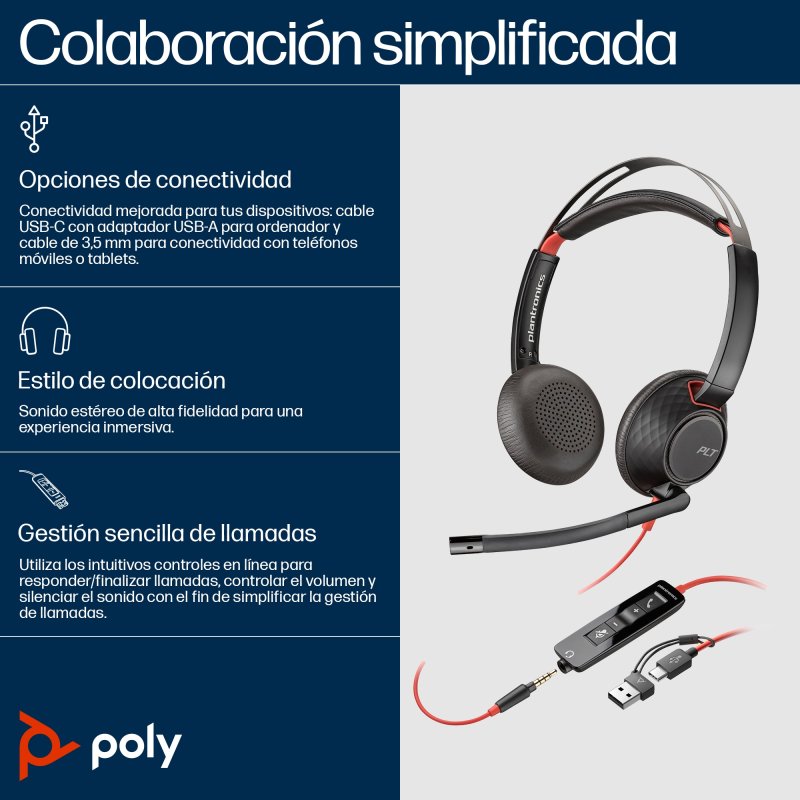Detalle 2 de Auriculares Poly con cable USB-C y 3.5 mm con cancelación de ruido y micrófono Boom