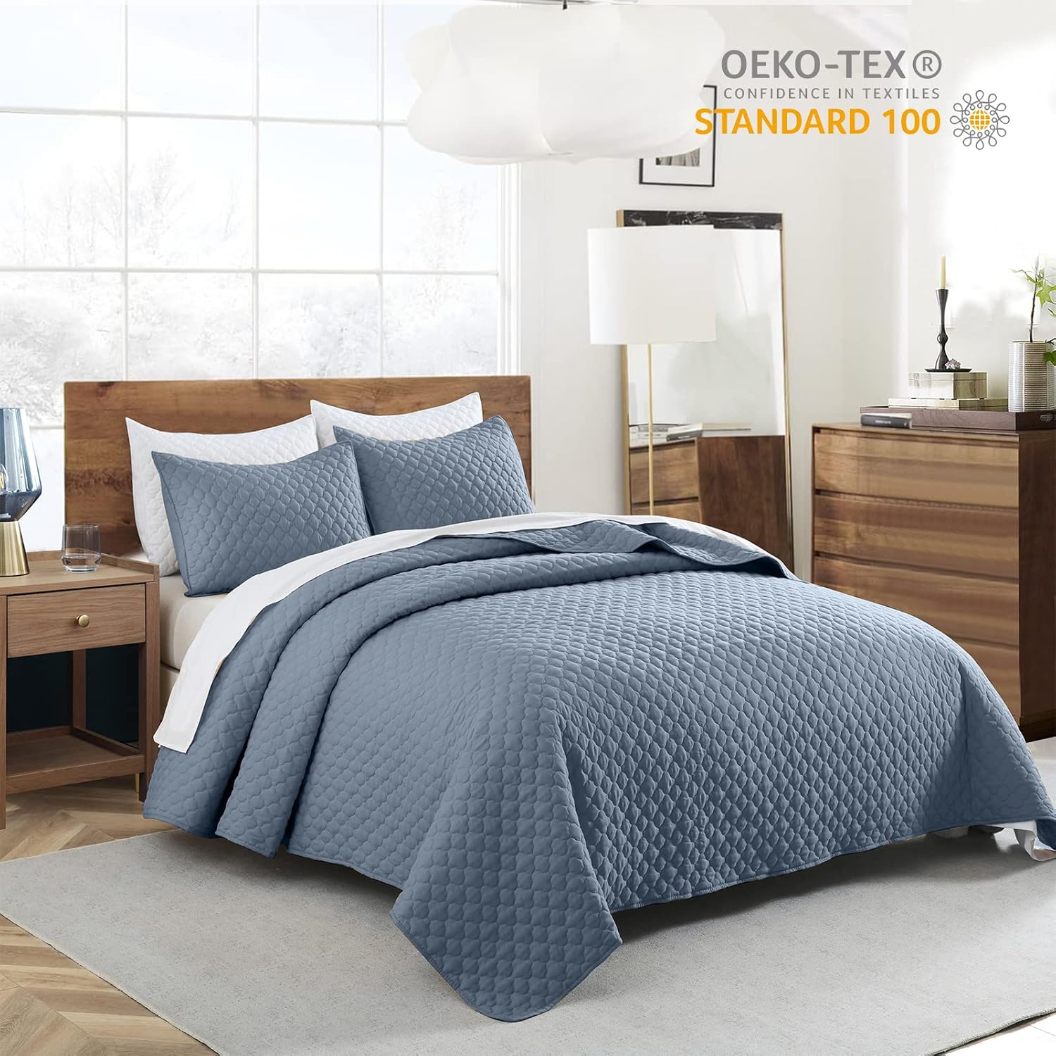 Thumbnail 1 de HORIMOTE HOME Quilt Queen Size Dusty Blue – Lightweight, Modern Cloud Pattern 3-Piece Bedspread Set