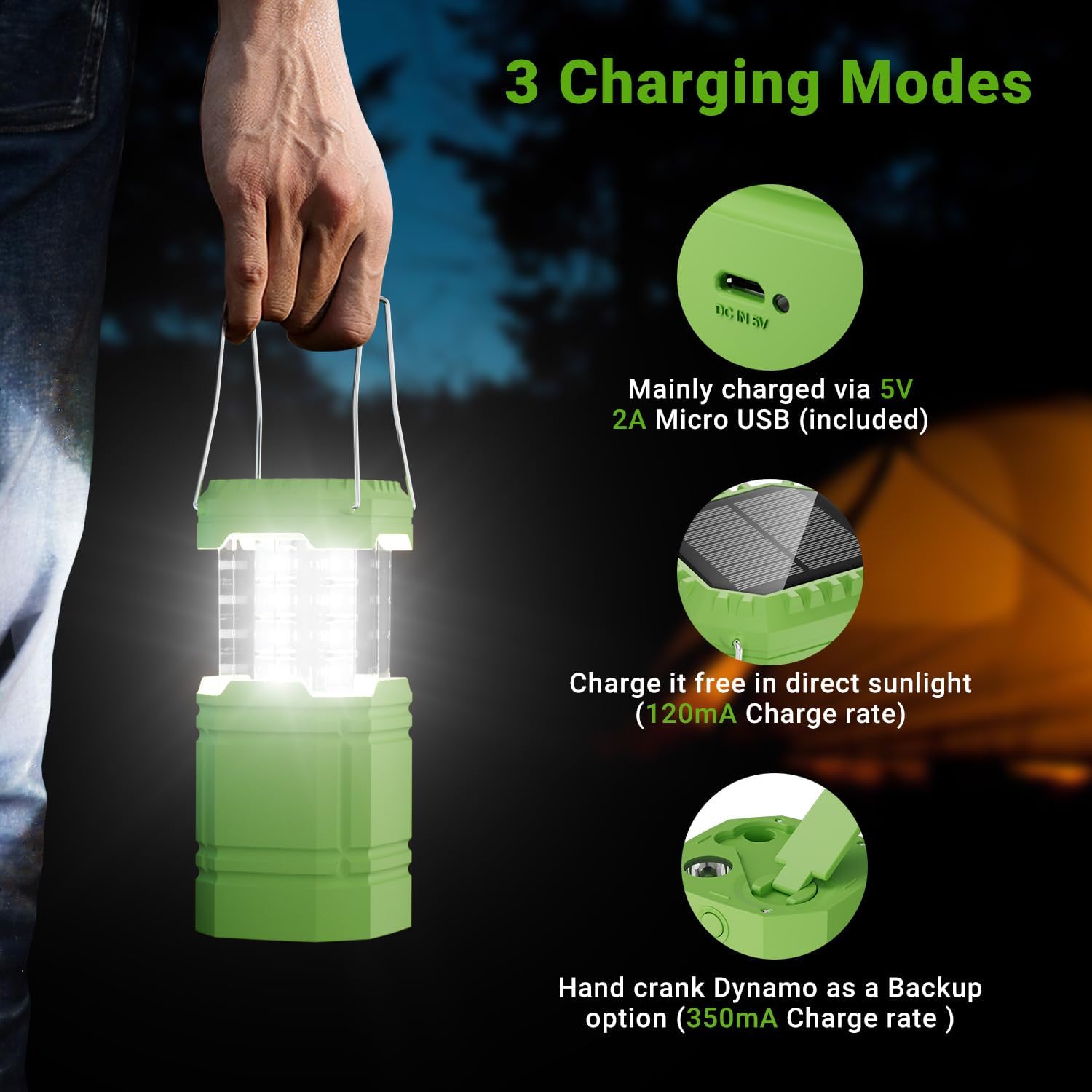 Thumbnail 3 de LED Solar Camping Light, Wind-Up Lantern with 3000mAh Battery – Versatile 3-in-1 Outdoor Light
