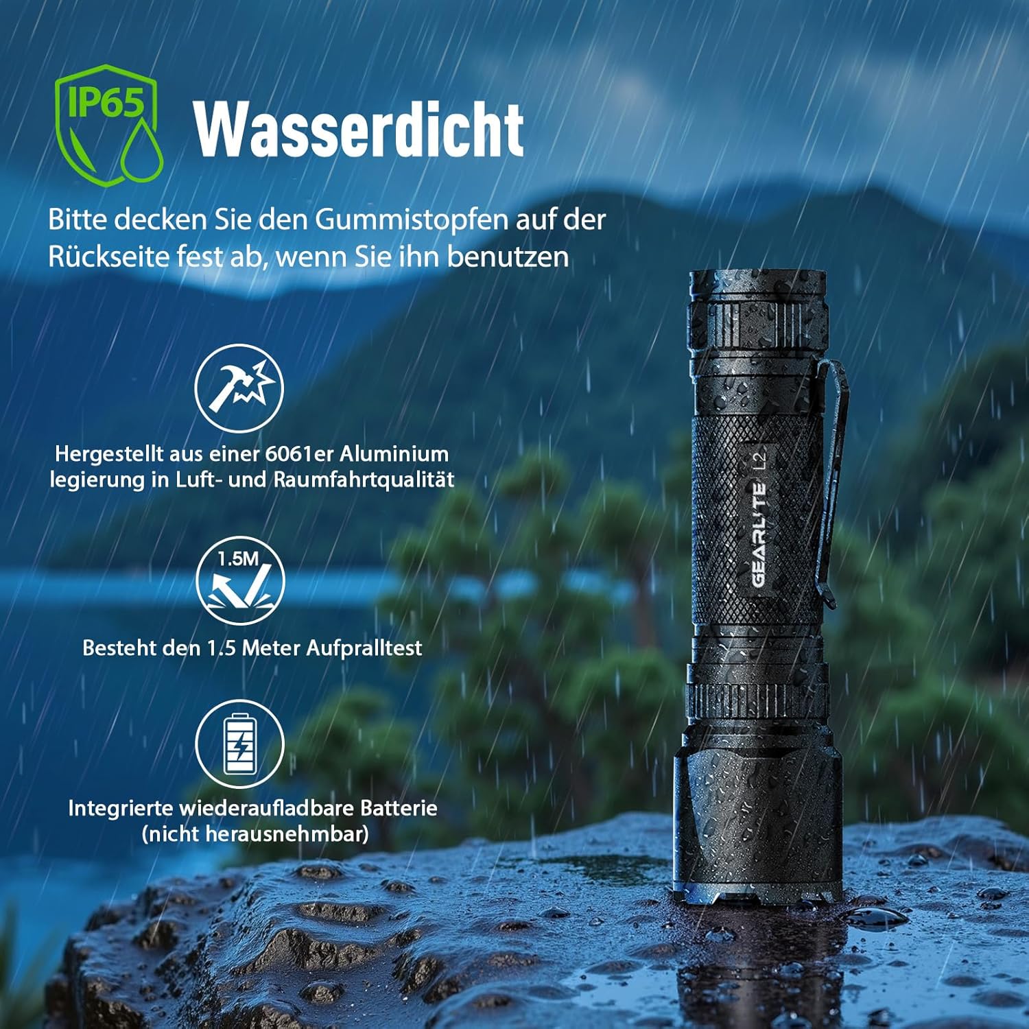 Thumbnail 5 de GEARLITE LED Taschenlampe aufladbar – zoombare Mini-Torch mit 3 Modi, bis zu 3000 Lumen und IP65