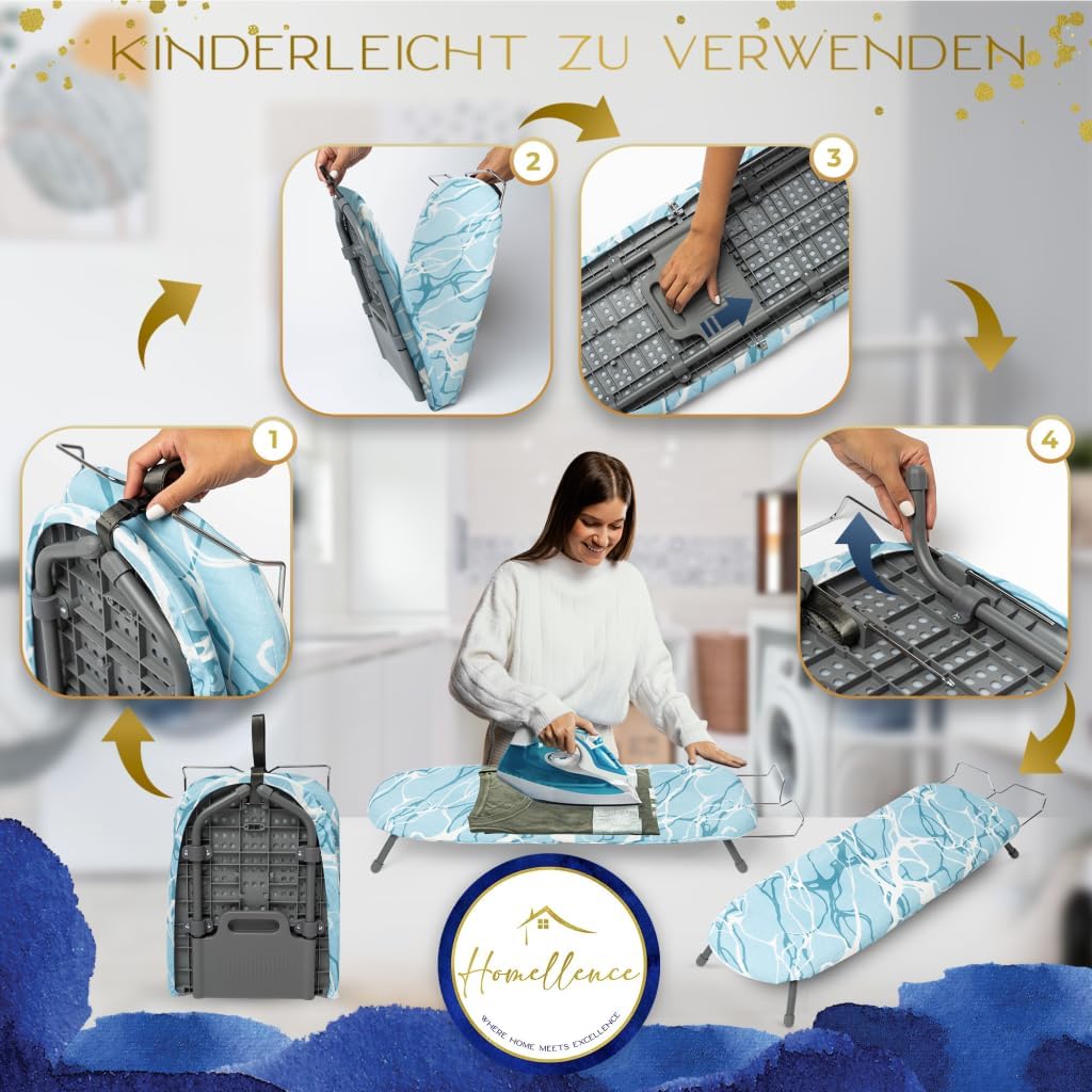 Thumbnail 5 de Homellence kleines Tischbügelbrett klappbar (Blau) inklusive 2 Premium-Bezügen – kompakt zum Reise- und Alltagbügeln