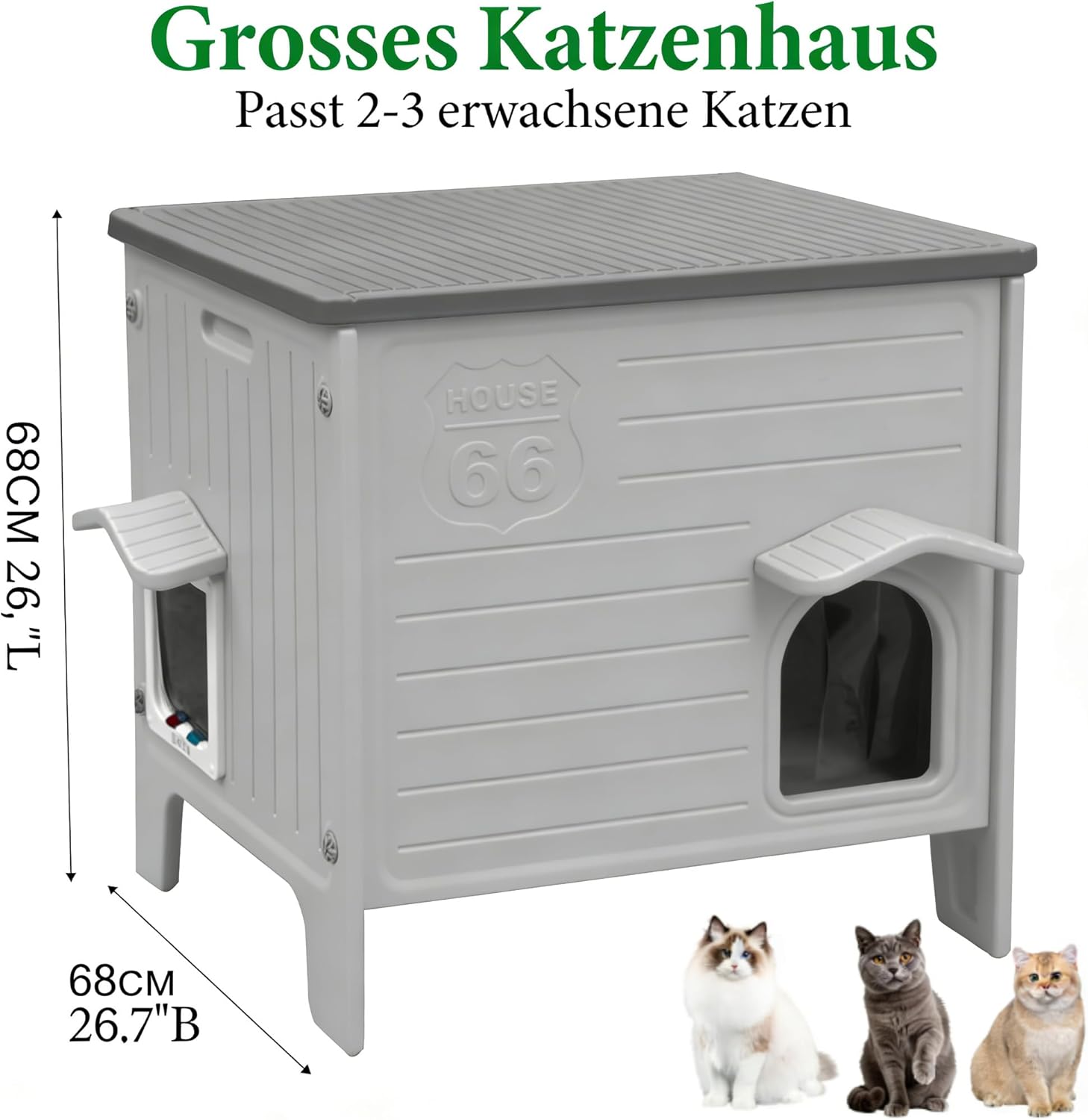 Thumbnail 1 de HiCaptain Outdoor-Katzenhaus winterfest aus HDPE mit Flucht-Tür – grau, für kleine bis mittlere Katzen