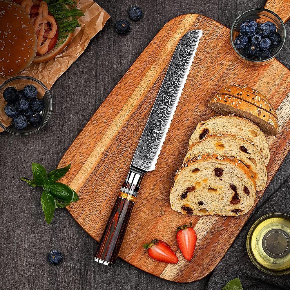 Detalle de Damastmesser Brotmesser 20 cm – FANTECK Profi Küchenschnitt mit VG-10 Damaststahl