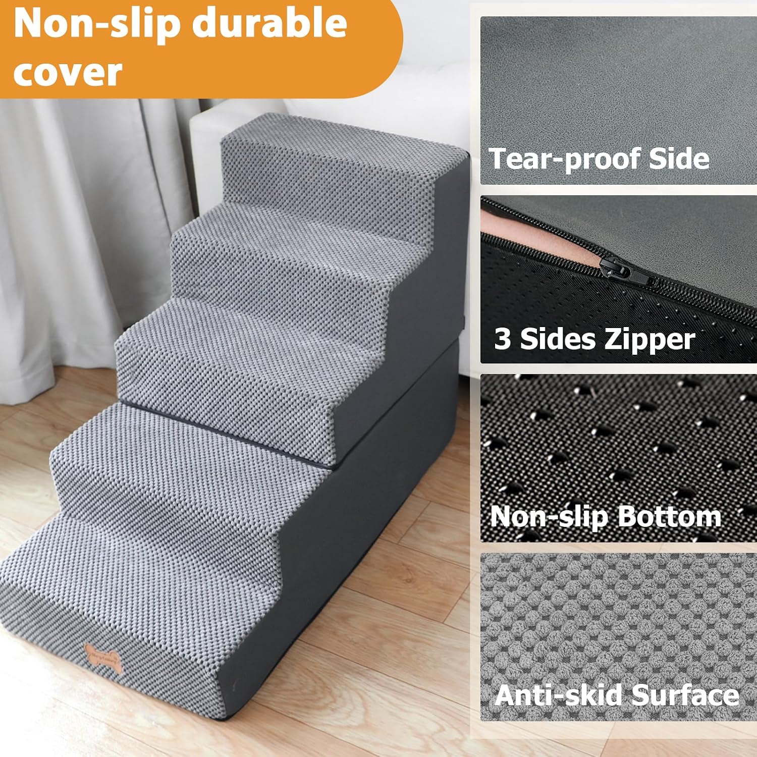 Detalle de Nepfaivy Dog Steps Stairs for Bed (5 Steps) – Non-Slip Pet Stairs for Small Dogs & Cats, 76x40x56cm