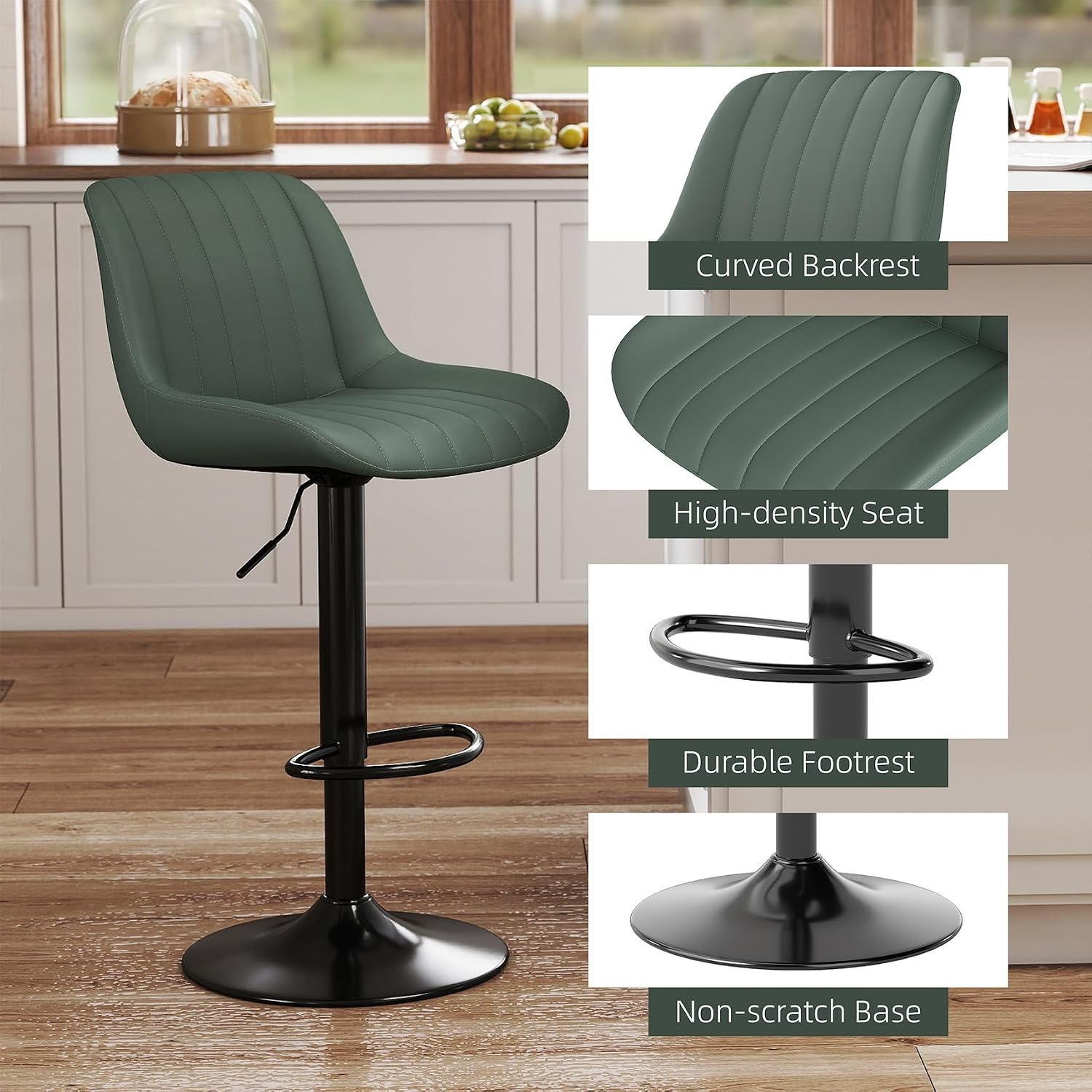 Detalle 2 de Youhauchair Adjustable Faux Leather Bar Stools, Set of 2, Green, Swivel