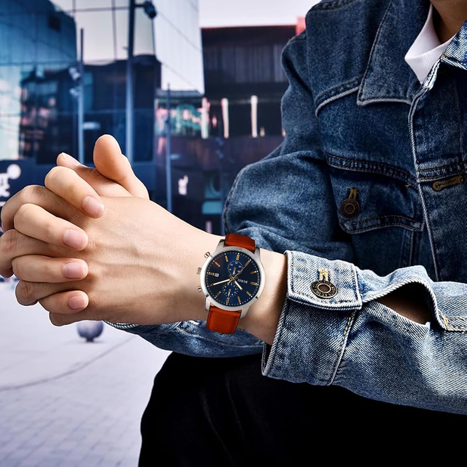 Thumbnail 6 de BUREI montre chronographe quartz japonaise étanche 3 ATM pour homme à bracelet cuir