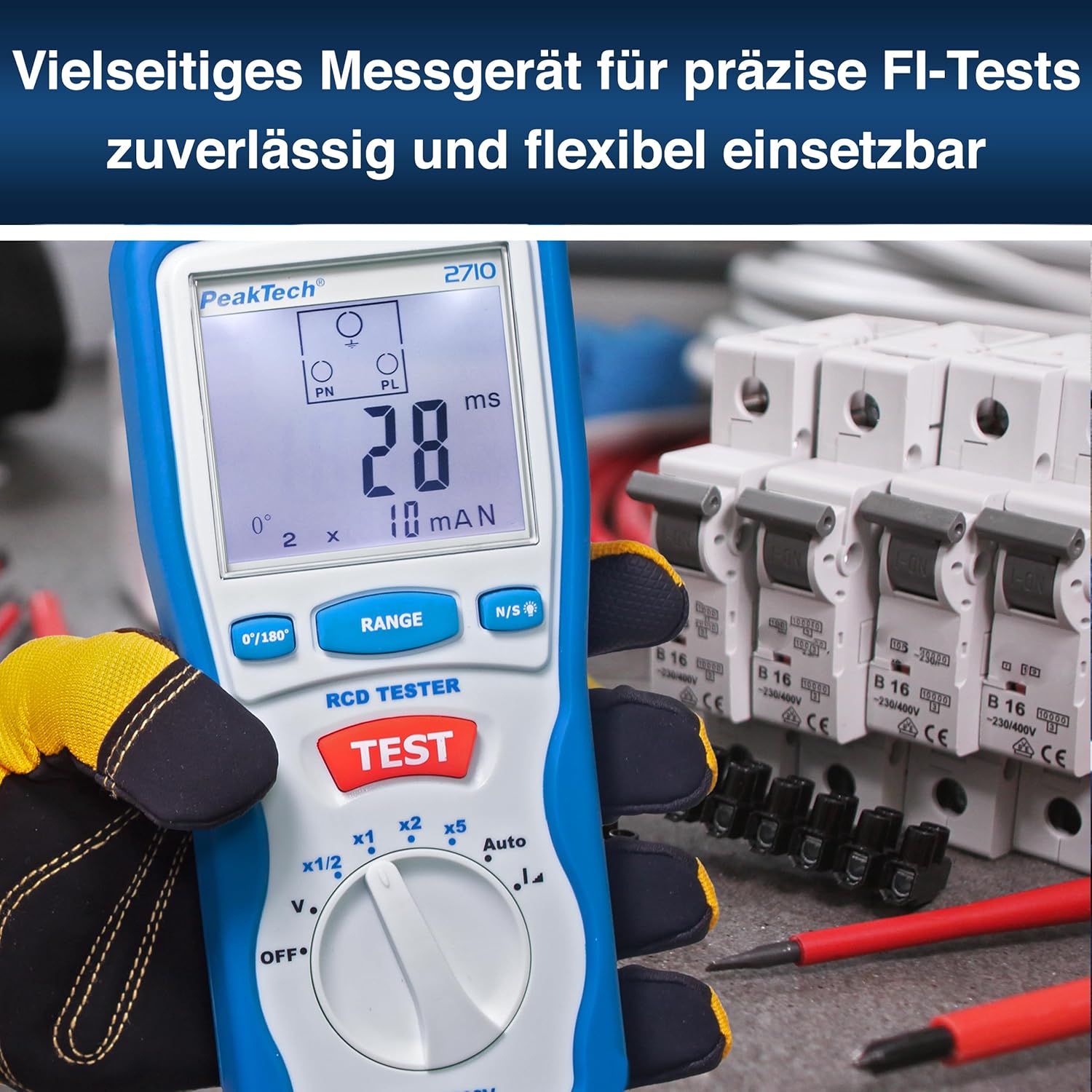 Detalle 2 de PeakTech P 2710 – Digitaler FI Tester für Auslösecharakteristik 230V/50Hz mit LCD-Display, CAT III 600V