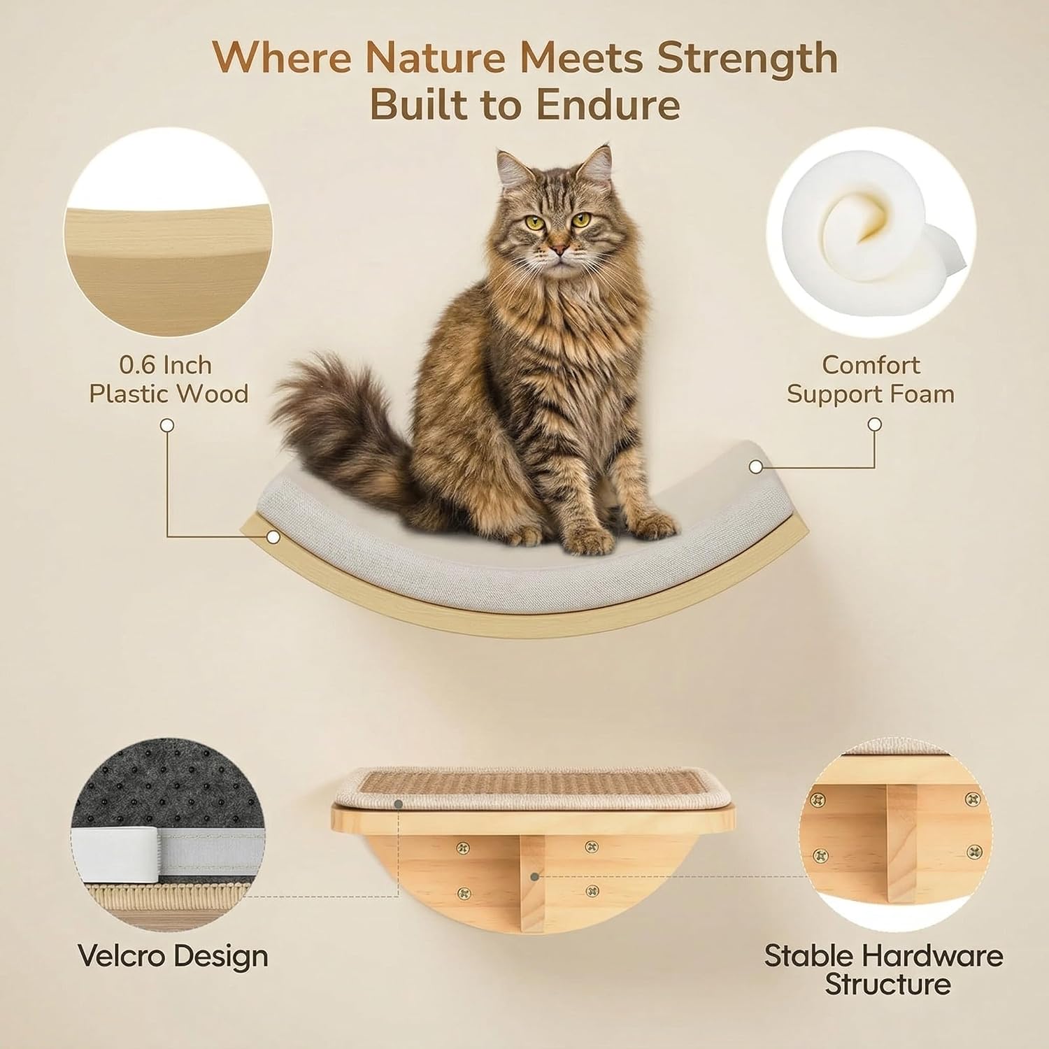 Detalle de Cats Wall Shelves with Sponge Mat and Curved Nest — Wall-Mounted Cat Climbing Frame with 2 Steps