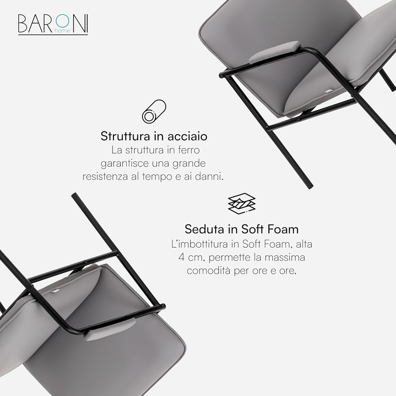 Thumbnail 3 de Baroni Home Poltrona in ecopelle con struttura in ferro design vintage grigia, seduta relax per salotto e ufficio (78x59x64 cm)