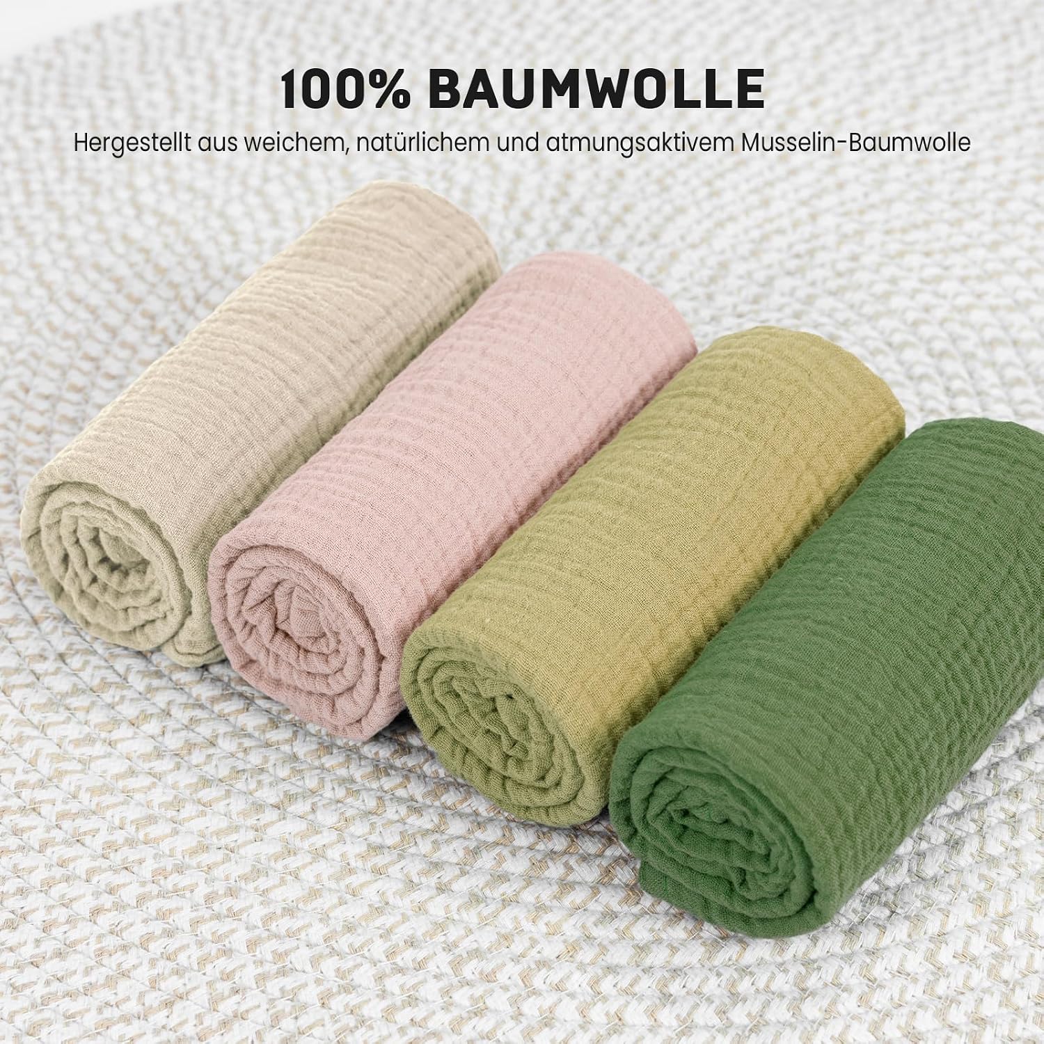 Detalle 2 de Mulltücher Baby 4er-Set aus Baumwoll-Musselin (60x60 cm) in Rosa & Grün – weich, atmungsaktiv und saugfähig