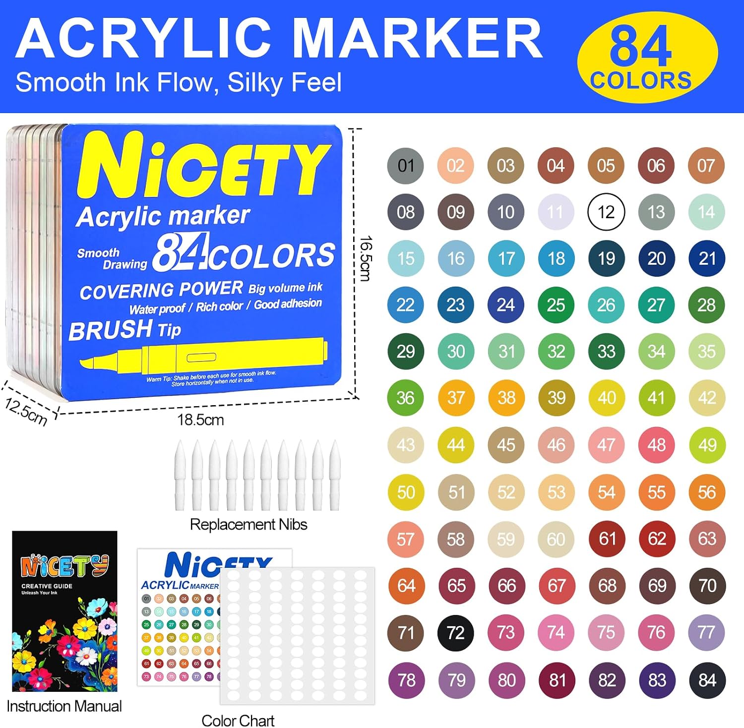 Detalle de NICETY 84 Kolory – markery akrylowe z końcówką pędzelkową 1–5 mm