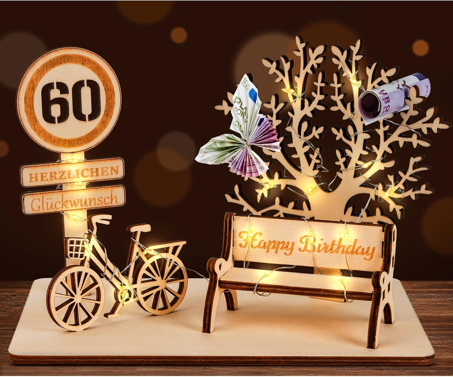I LOVE MOM Geldgeschenk aus Holz – DIY Holz-Schild Geburtstag mit Fahrrad, Bäumen und Zahlen (GYY-60)