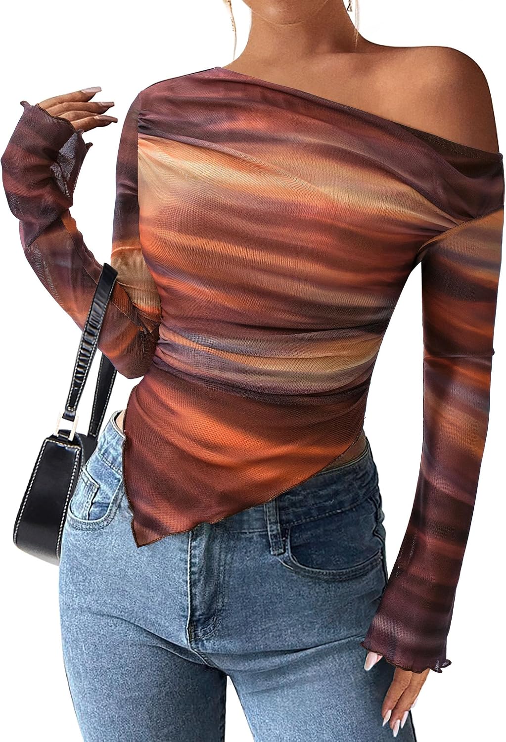 Detalle de PRETTYGARDEN Off-Shoulder Tie-Dye Mesh Long Sleeve Asymmetrical Ruched Floral Top for Women