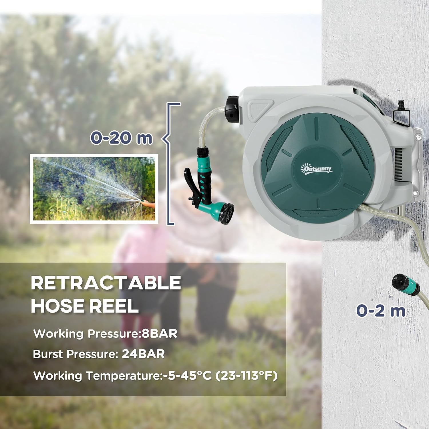 Thumbnail 3 de Outsunny 84H-323V01GN Retractable Hose Reel, 20m Hose, 180° Swivel