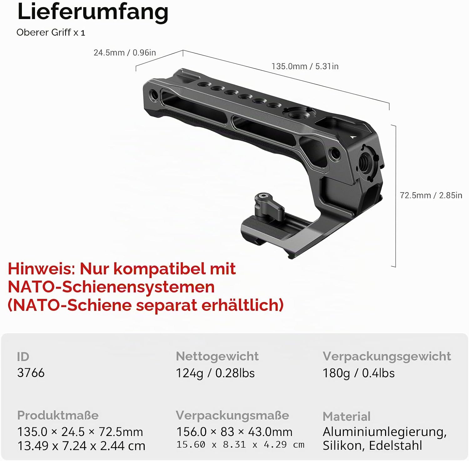 Thumbnail 2 de SMALLRIG NATO Top Handle 3766: Griff mit NATO-Schnellspanner und 5 Kaltschuhen für Video-Rigs