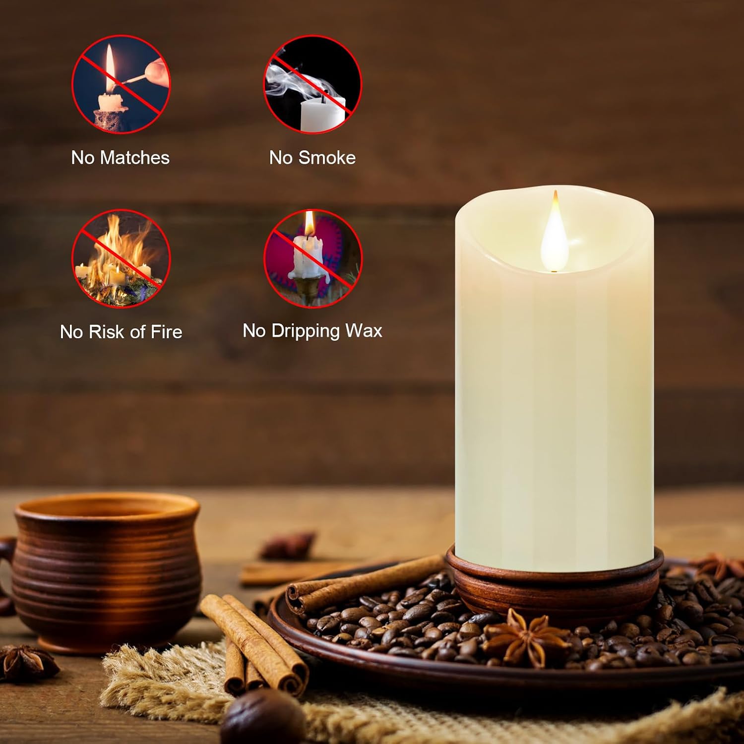 Detalle de Biyanuo 3D Wick Flameless LED Candles — Set of 2 with Remote and 24-Hour Timer (D3H6 inch)