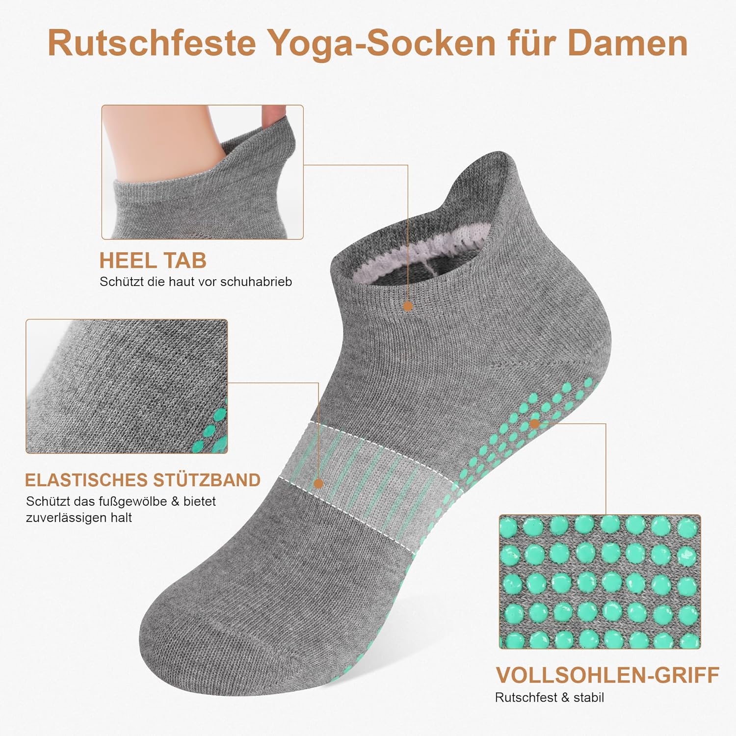 Detalle de Yoga Socken Anti-Rutsch-Socken (4 Paare) für Damen – Vielseitige Griffigkeit für Yoga, Pilates und mehr