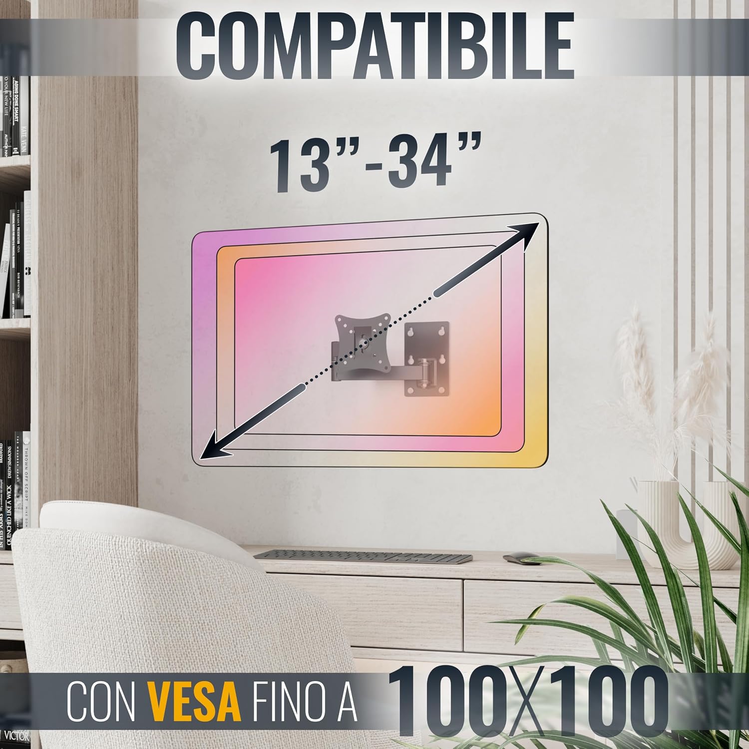Thumbnail 3 de RICOO Supporto monitor a muro R02-11 girevole e inclinabile per schermi 13–29" con attacco VESA 100x100