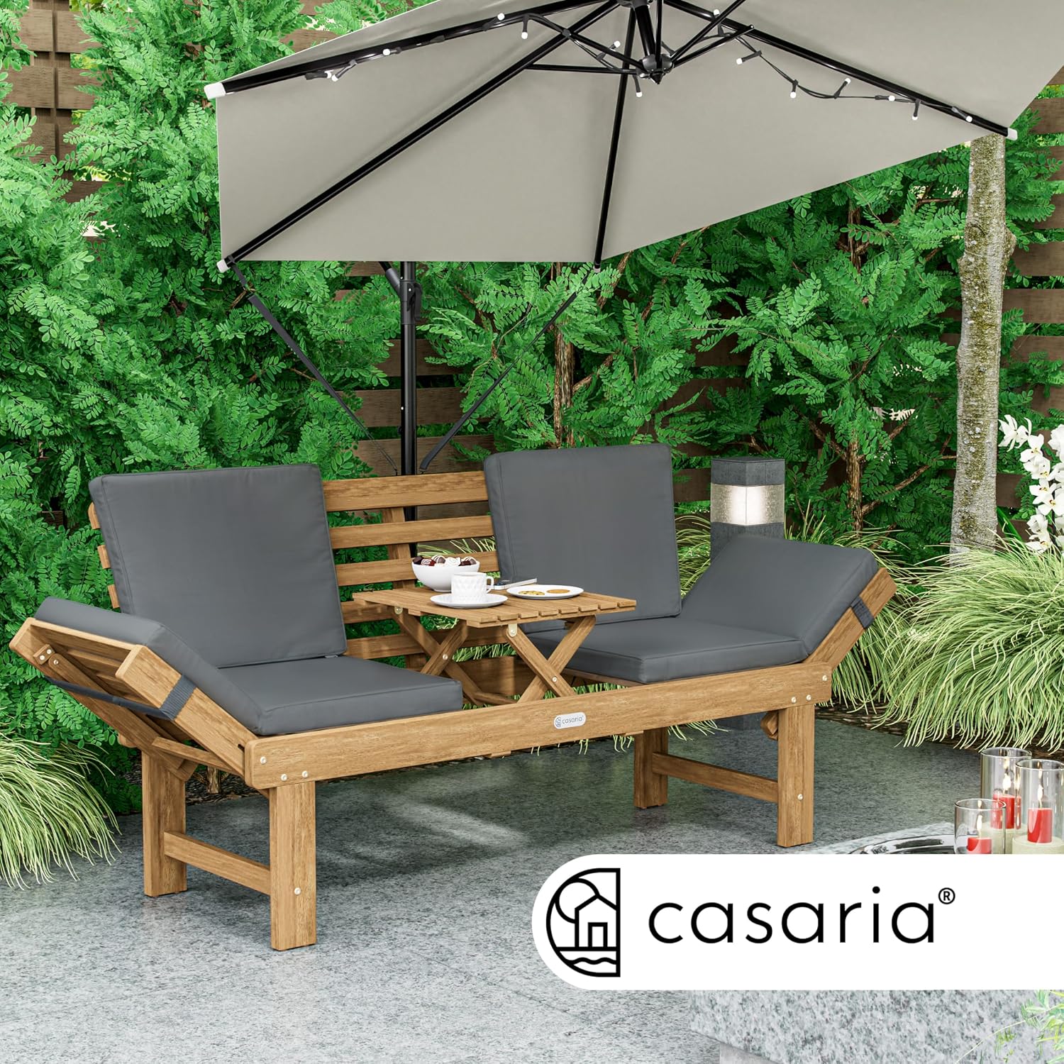 Thumbnail 4 de Casaria Gartenbank Wetterfest Holz mit Tisch 200x50 cm – 3-Sitzer, FSC Akazie, klappbar