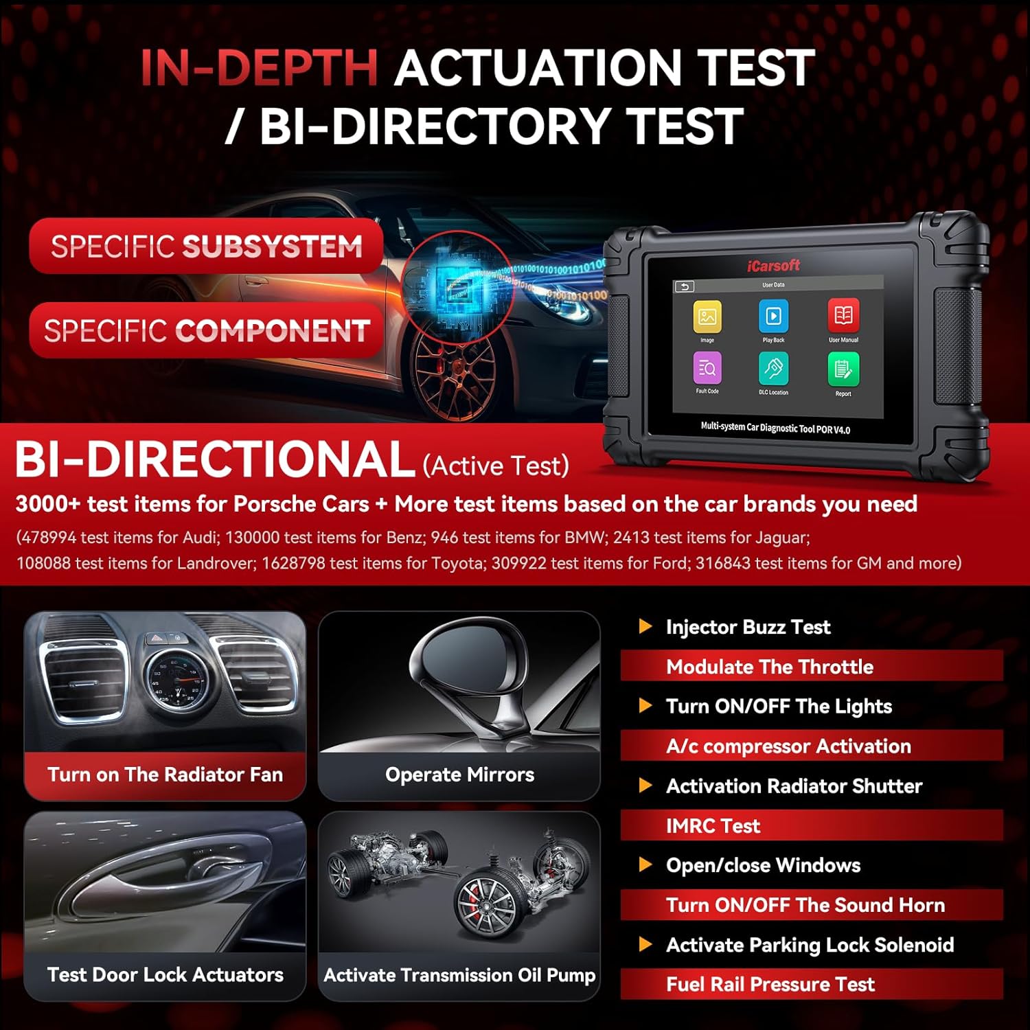 Thumbnail 4 de iCarsoft POR V4.0 Bidirectional Diagnostic Tool for Porsche + 2 Optional Brand Packs (Full System OBD2 Scanner)