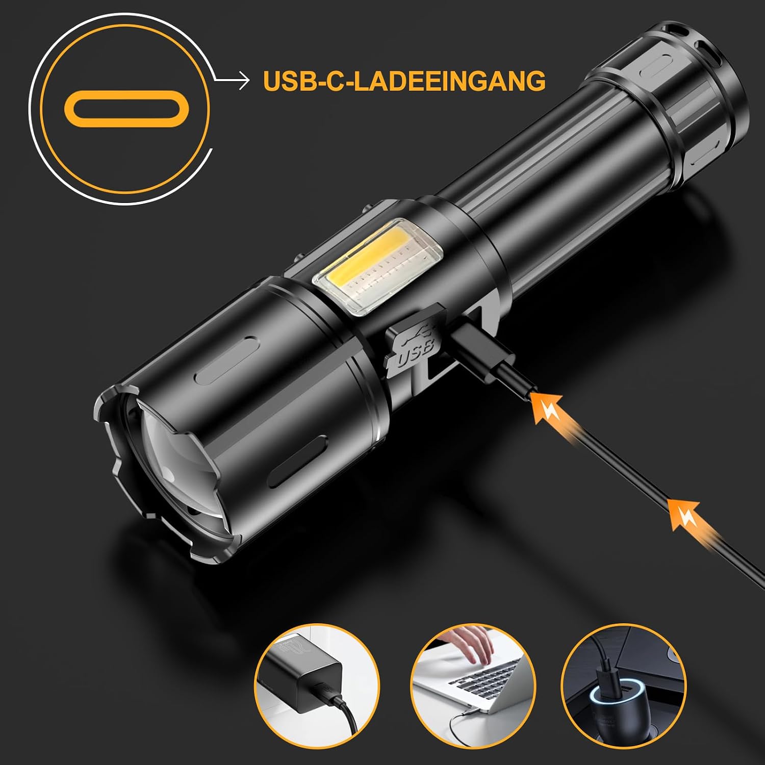 Thumbnail 5 de BEYSTE LC223 LED-ficklampa med COB-sidoljush, USB-C och LCD-skärm