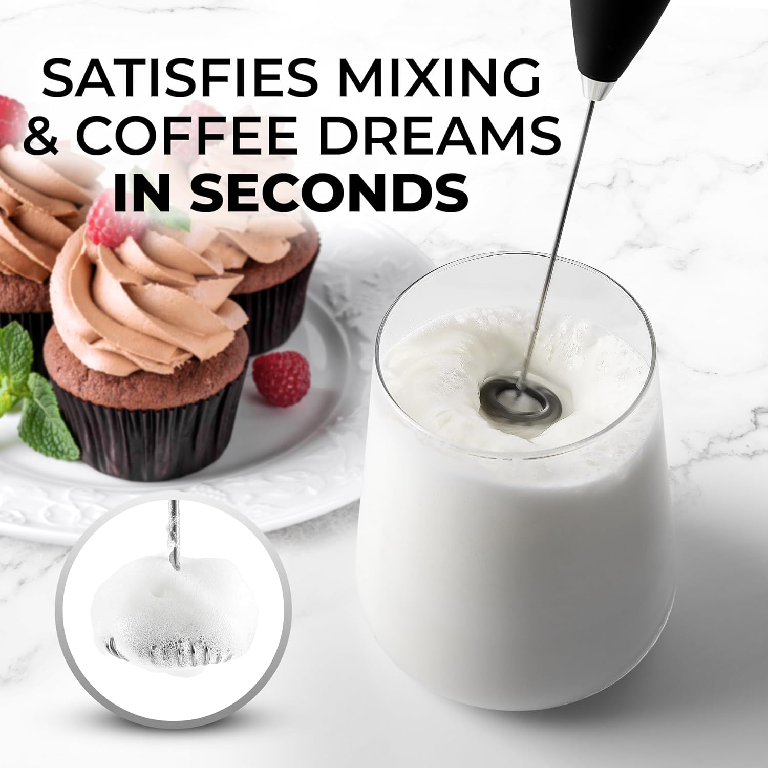Detalle de Zulay Kitchen Milk Frother Handheld Electric Whisk (Black) – Compact, Durable Frother Wand for Lattes, Matcha, Protein Shakes