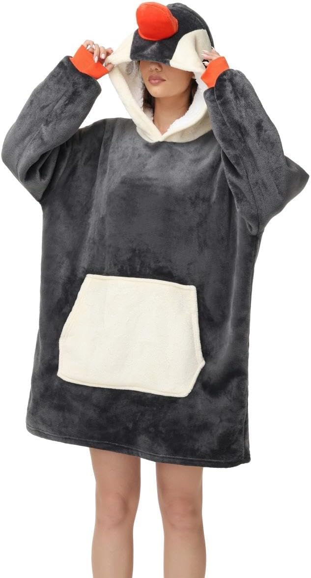 Detalle de Chuangminghangqi Unisex Kuscheldecke als Hoodie mit Ärmeln und Kapuze – oversized Tier-Design